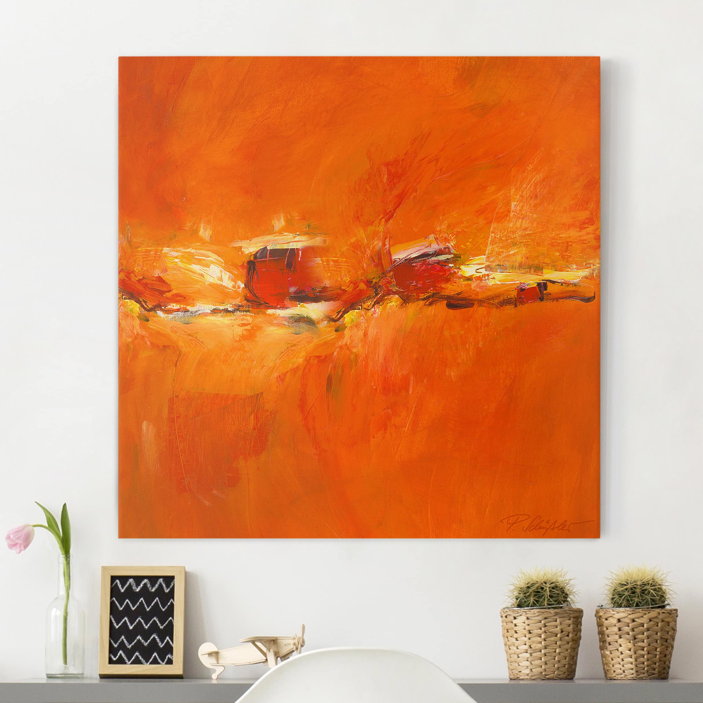 Tableau Toile Abstrait 100x70 Cm - Gris Orange Bleu - Déco Murale Salon Chambre - WallArena
