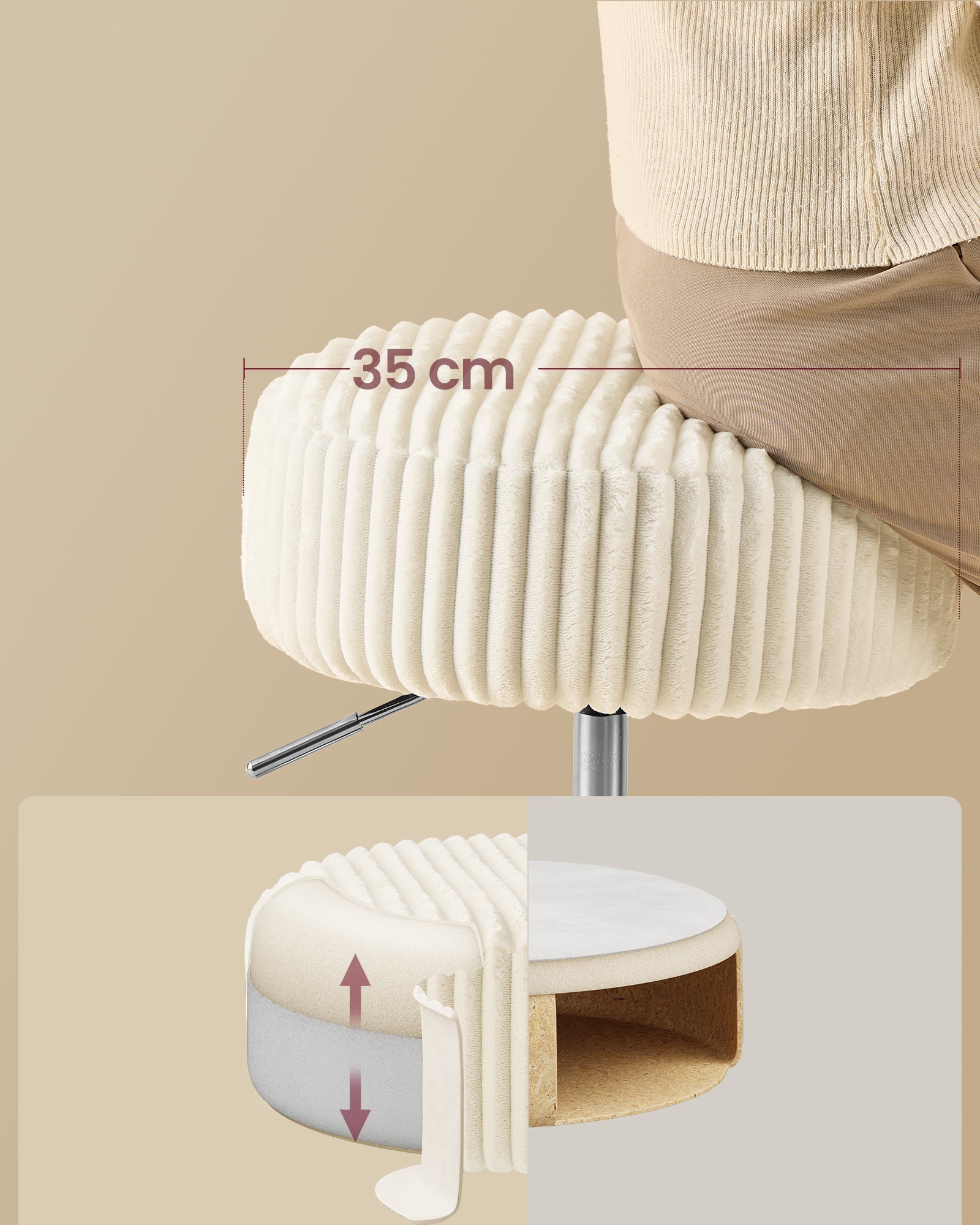 Tabouret de Maquillage, Réglable en Hauteur, Pivotant à 360 Degrés, en Velours Côtelé, Coussin Épais, Tabouret de Coiffeuse, Blanc Crèm - 6