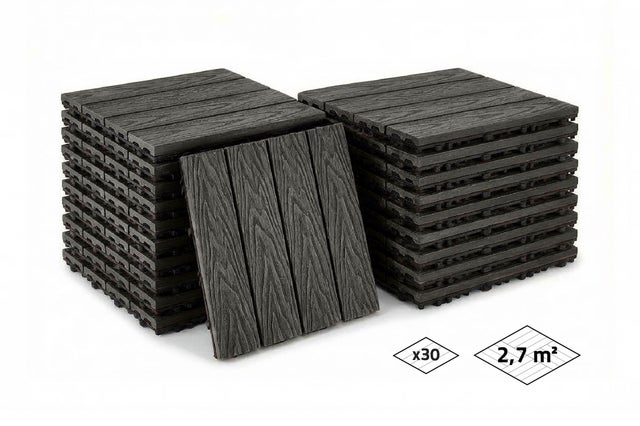 Lot de 30 dalles clipsables terrasse en composite JURA effet bois gris 30x30cm