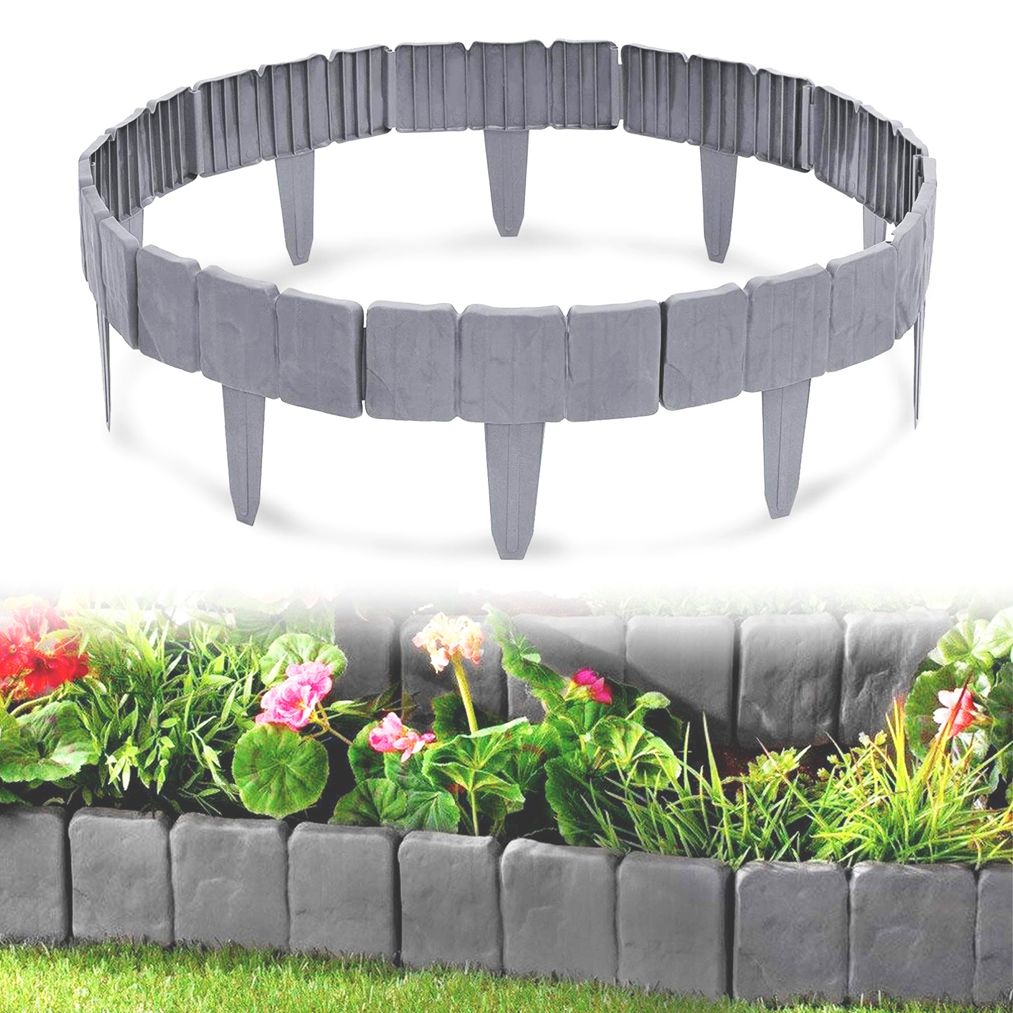 Lot de 10 - Module Bordure de Jardin Effet Pierre - 2.5 Metre lineaire - Rebord pour Clôture, Parterre, Plantation - Plastique Flexible - 25 x 10 CM - 9