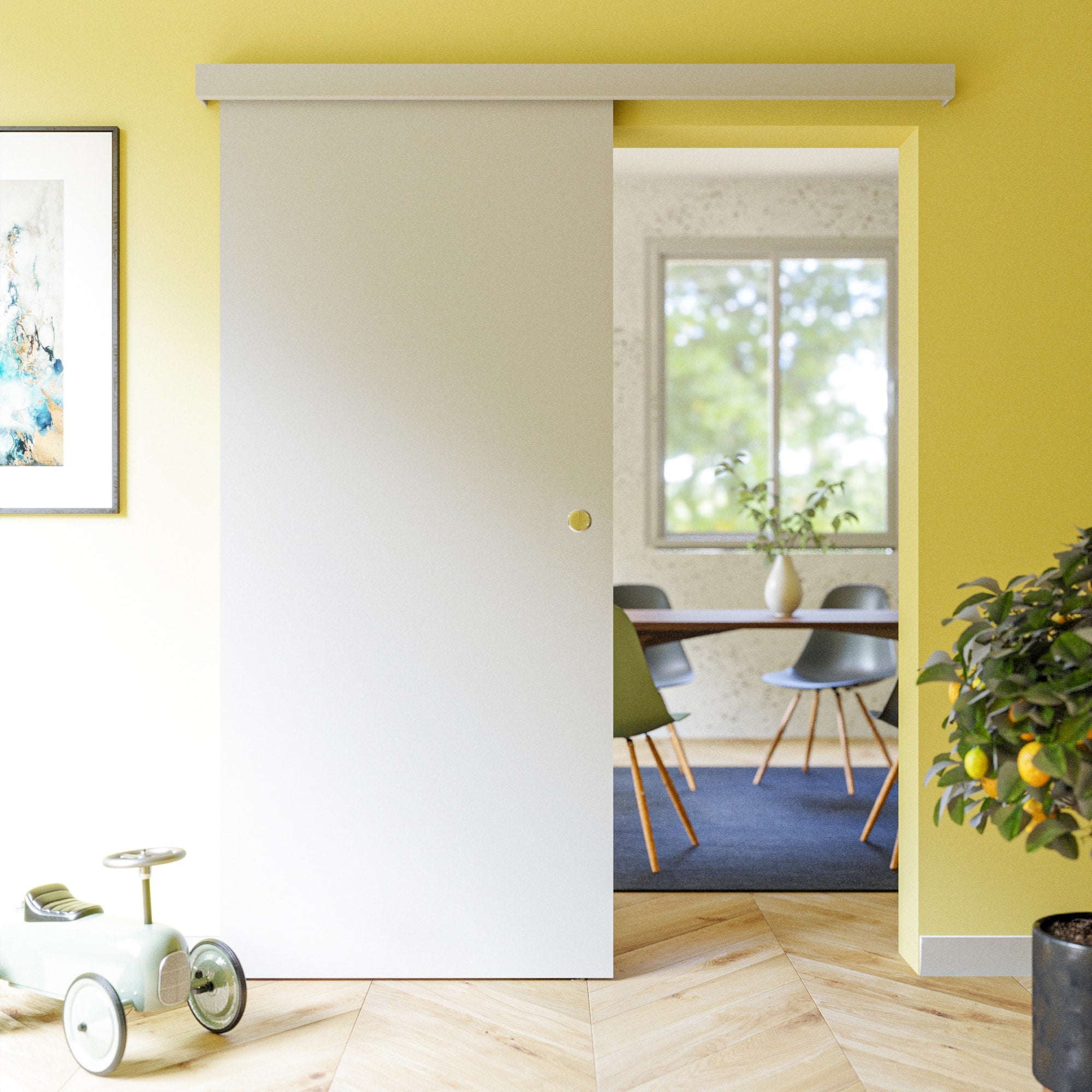 Porte Coulissante avec Rail - Prépeinte Plane 93 cm - Sans butée - 3