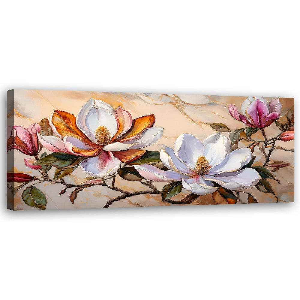 Obraz na płótnie, Magnolie Gałązka Kwiaty Rośliny Marmur 120x40