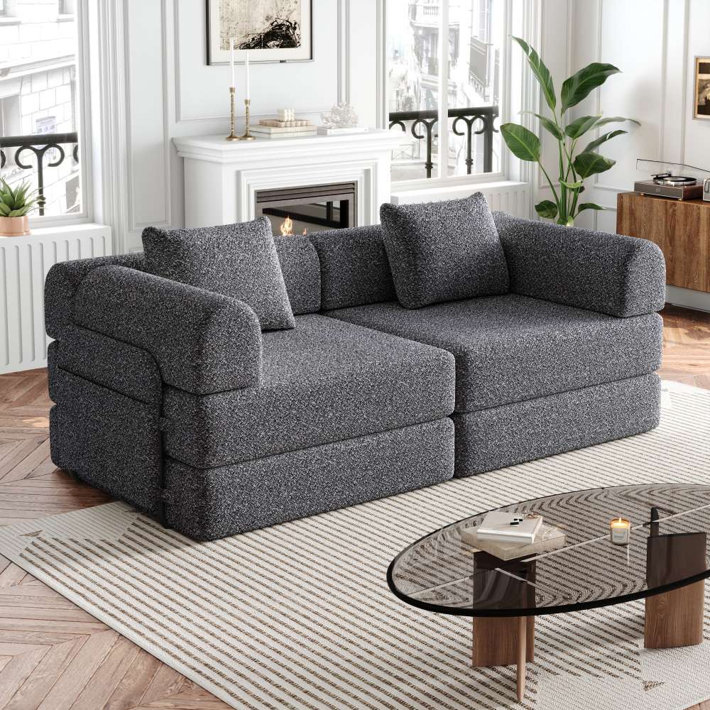 Sofa rozkładana 2 w 1 z podłokietnikami, metalową ramą i wieloma możliwościami konfiguracji