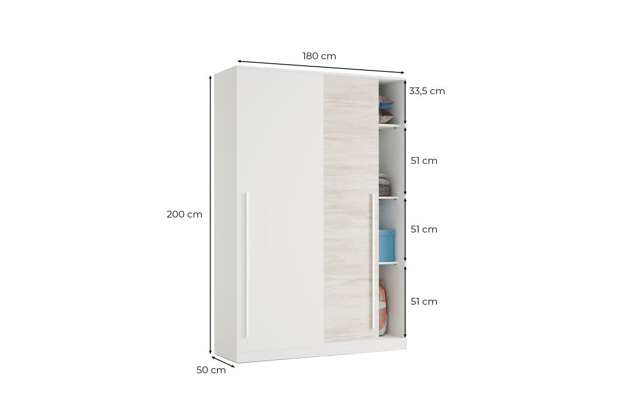 Armoire TOP - Décor blanc artik et chene nodi - 2 Portes coulissantes - L200 x H121 x P50 cm - 6