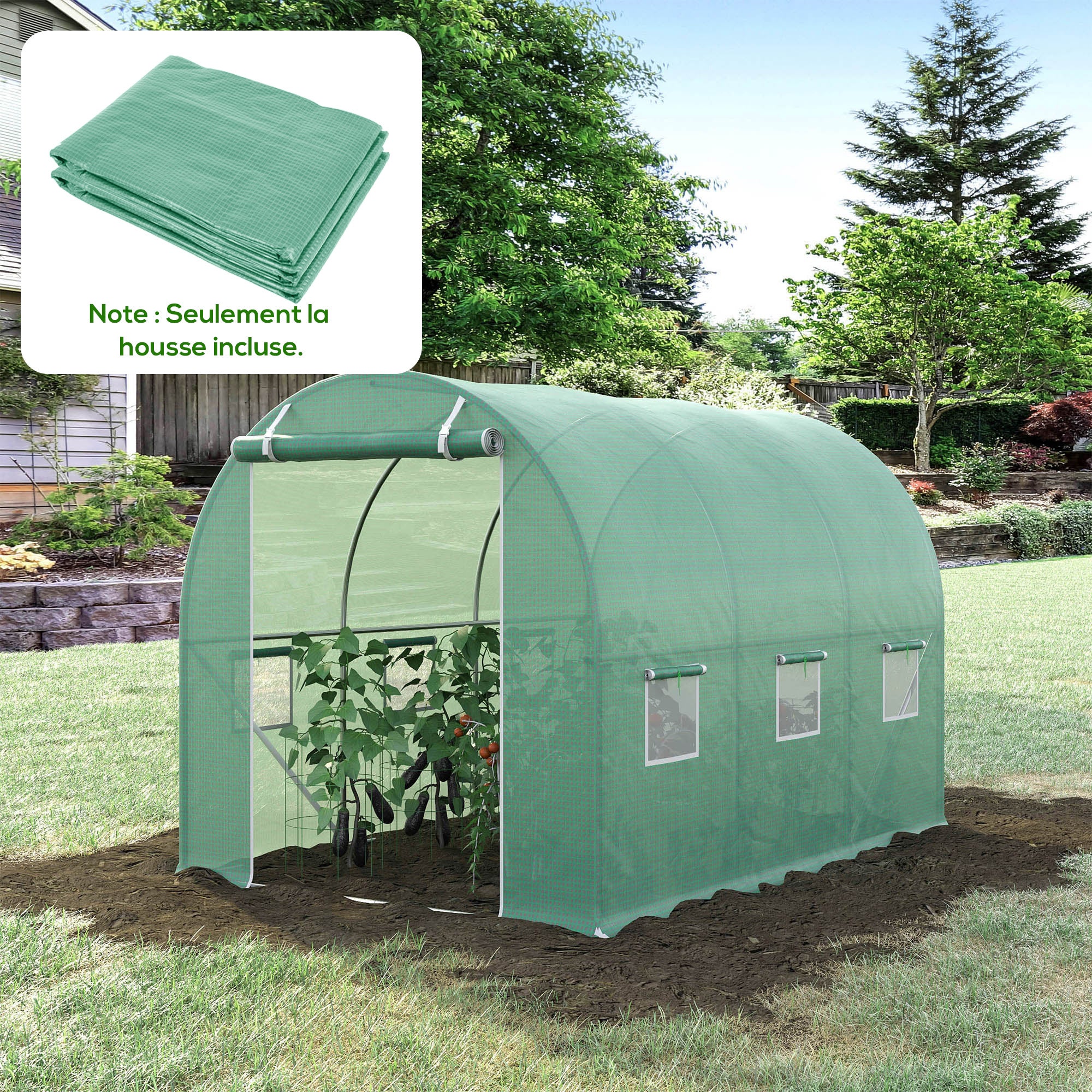 Bâche de Rechange Serre Tunnel 6 m², bâche 3 x 2 x 2 m PE Anti-UV imperméable 6 fenêtres + Porte Enroulable zippée Vert - 4