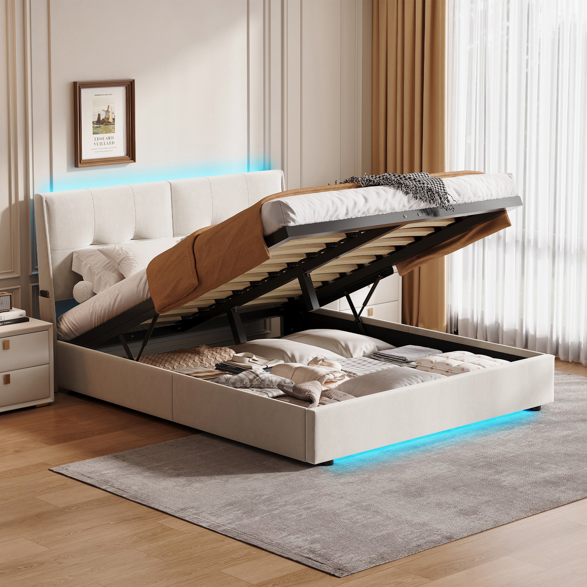 Lit coffre 160x200 cm avec LED, cadre de lit double avec sommier à lattes, tissu en velours, lit adulte, 160x200 cm, beige - 3