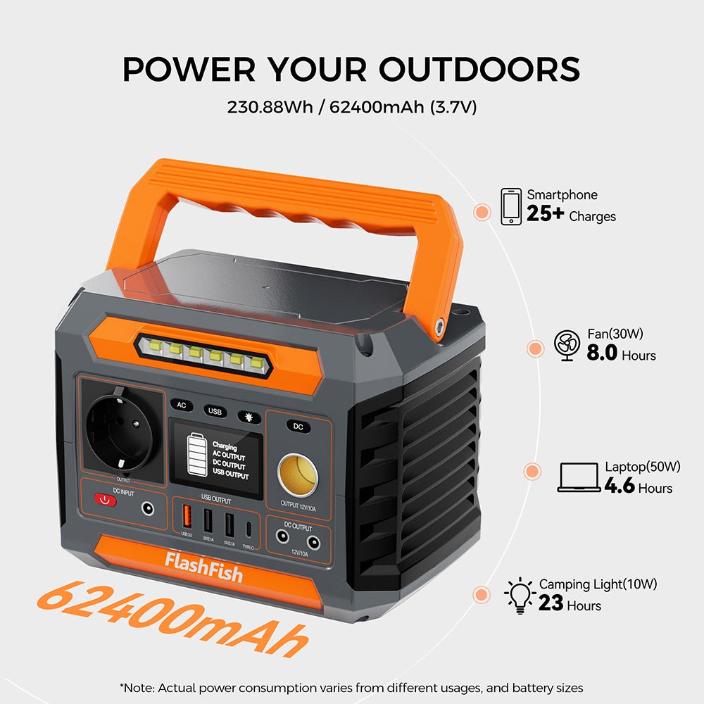 Station d'Énergie Portable Flashfish P66 300W, 231Wh, Onduleur Sinus Pur, Recharge Solaire, Lampe de Secours - 7