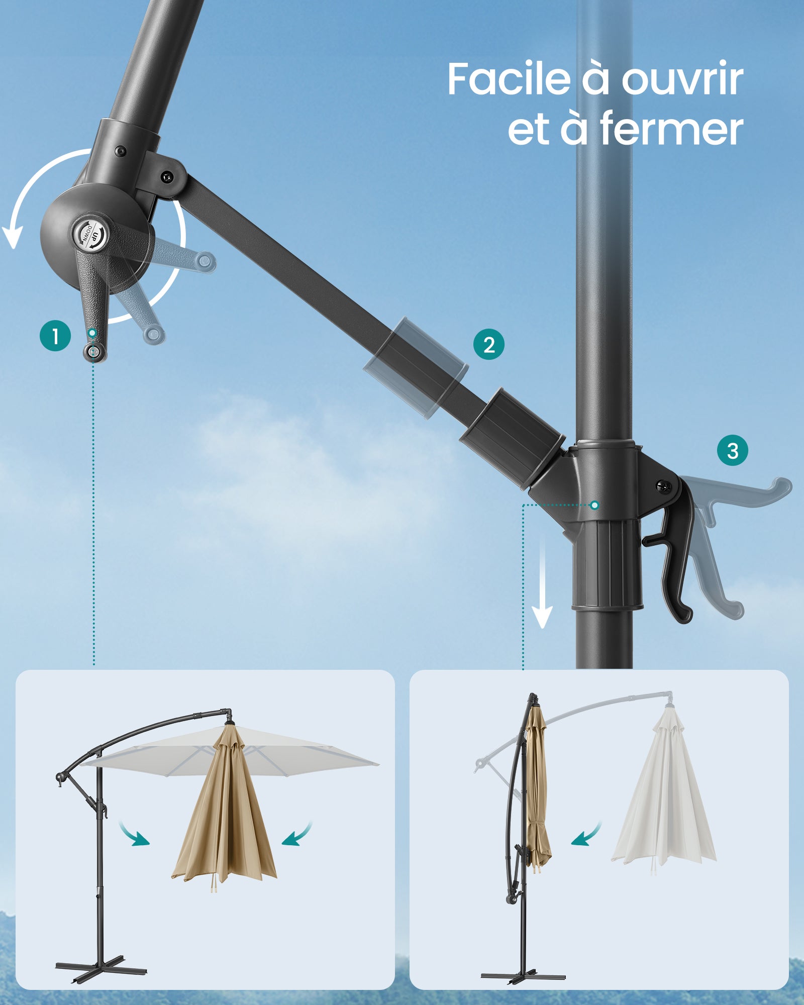 Parasol de Jardin Extérieur Déporté 300cm, avec Base, UPF 50+ Protection Solaire ,Taupe - 6