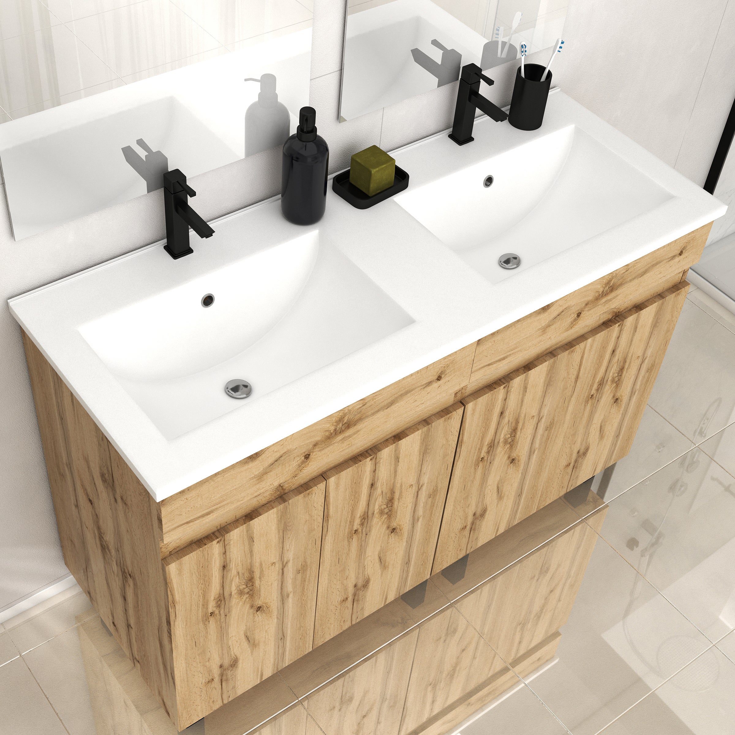 Meuble de salle de bains 120cm 4 Portes_Chêne Naturel + Vasque céramique blanche - TIMBER 120 - 6