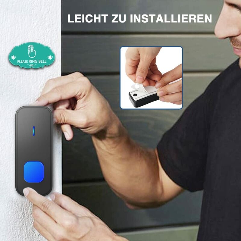 Sonnette sans Fil, 400M Sonnette de Porte IP55 Étanche Carillon Electronique, 55 Mélodies au 5 Niveaux Volumes, LED Bleu Noir - 5