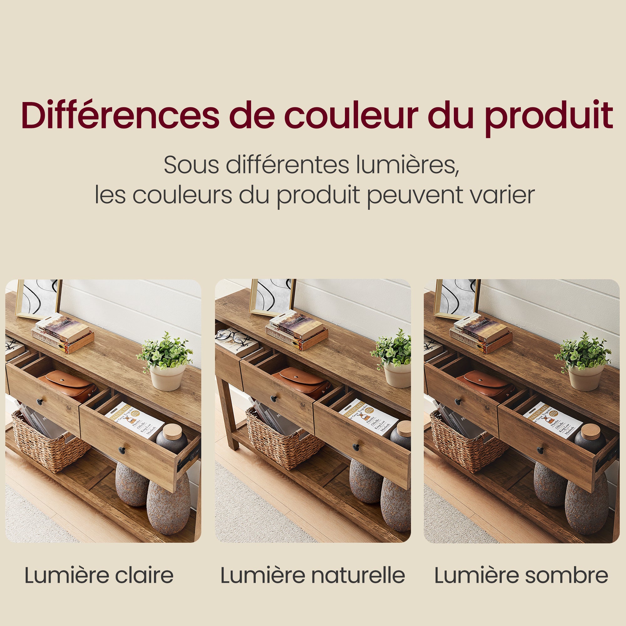 Table Console, Table d'Entrée avec 3 Tiroirs et Étagère de Rangement, pour Entrée, Salon, Style Campagnard, Marron - 7