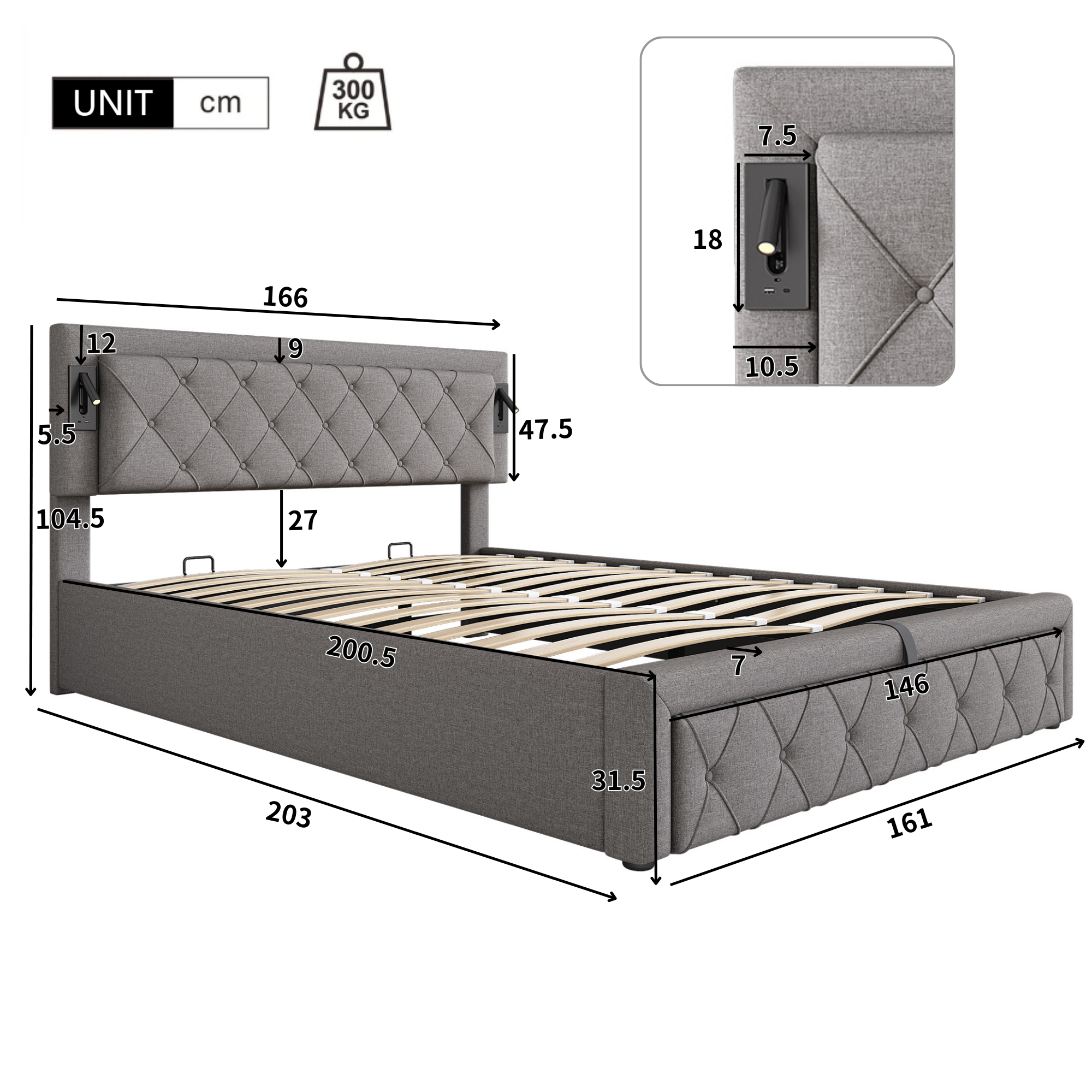 Cama contenedor de tela de lino 160x200 cm - con luz de lectura y toma USB - con somier - Gris - 5