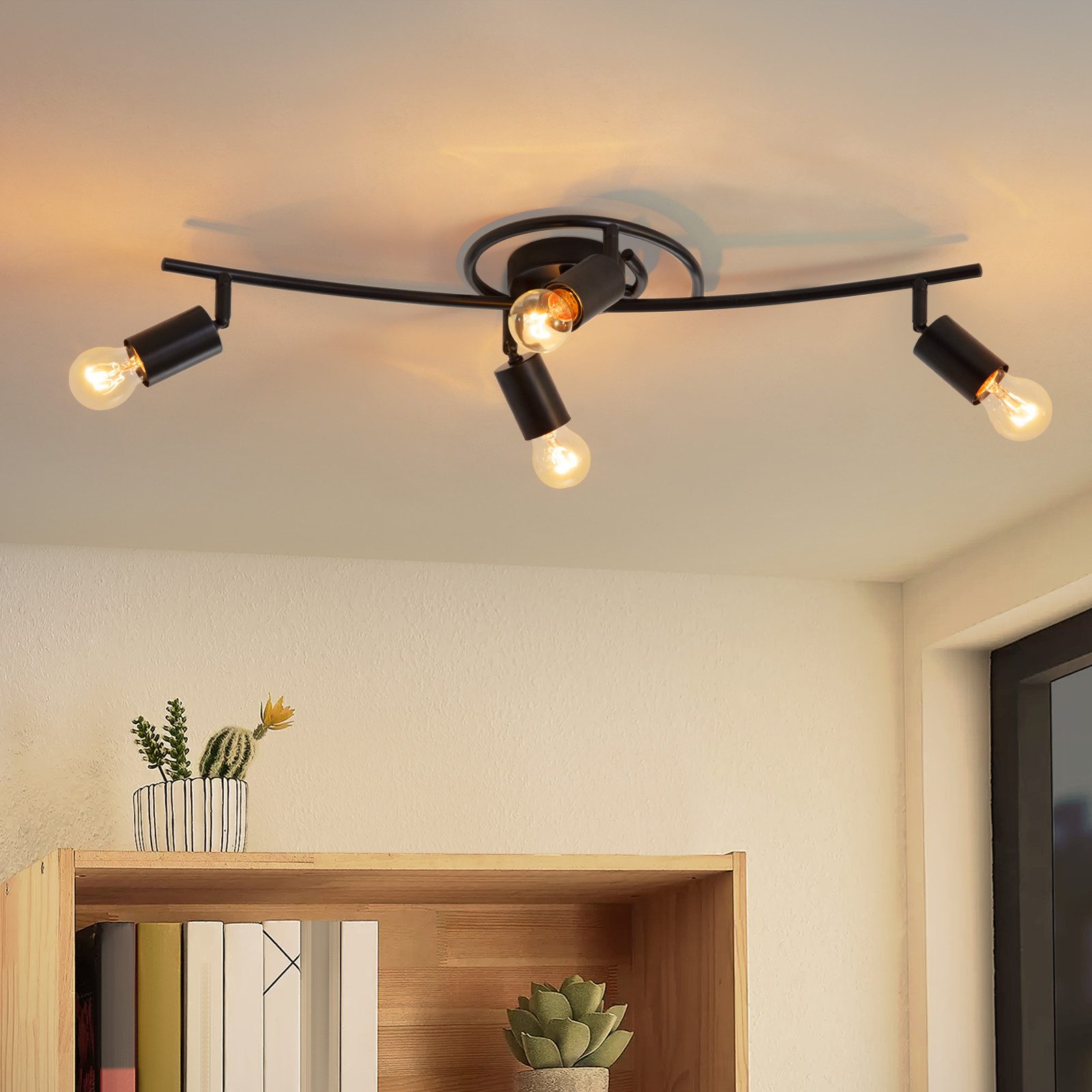 Reflektorowa sufitowy w stylu vintage w kolorze czarnym, 4 płomienie, E27, obrotowy, 350°, przemysłowy, obrotowy