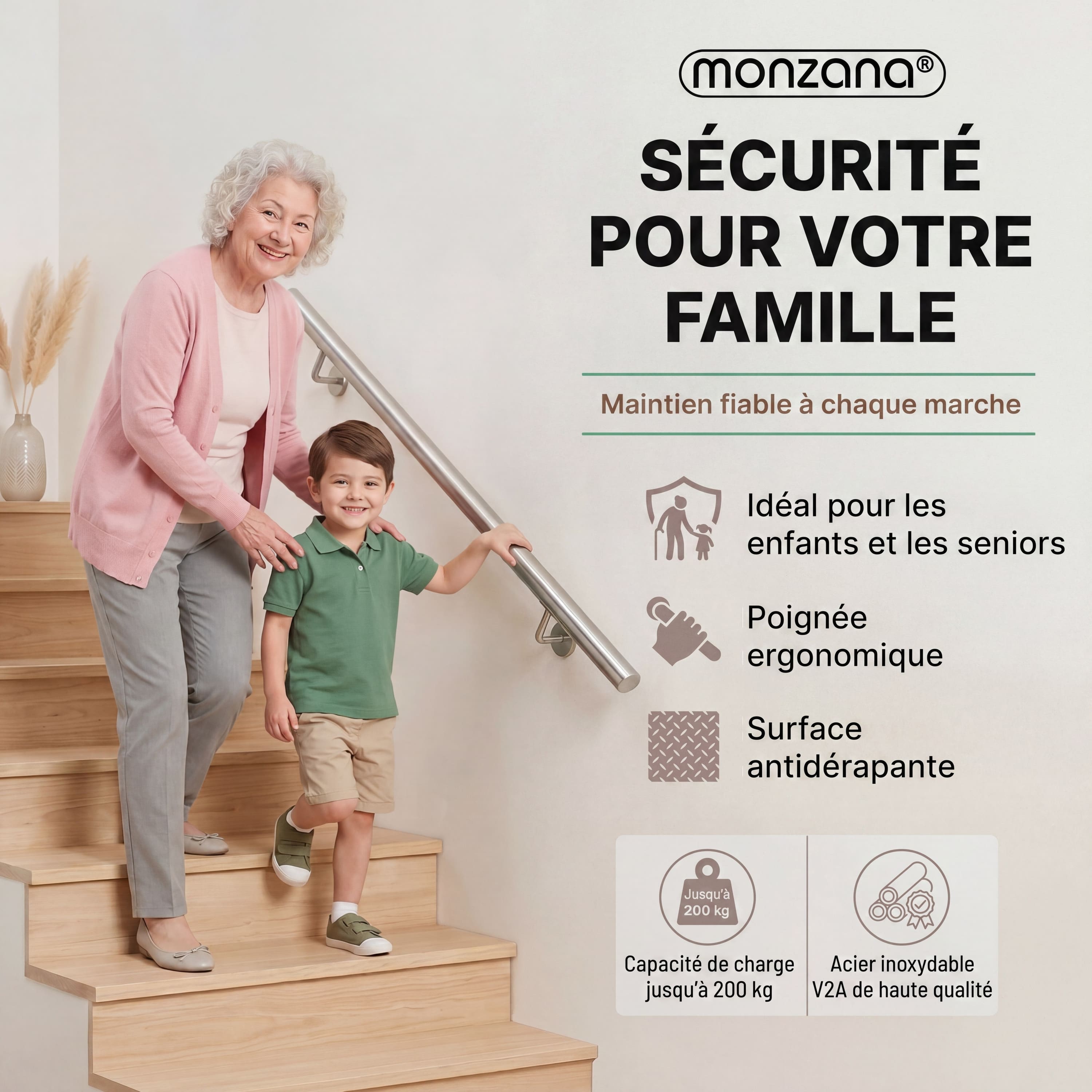 MONZANA® Main courante acier inoxydable V2A rampe d'escalier rambarde barre 300 cm support mural intérieur extérieur - 2