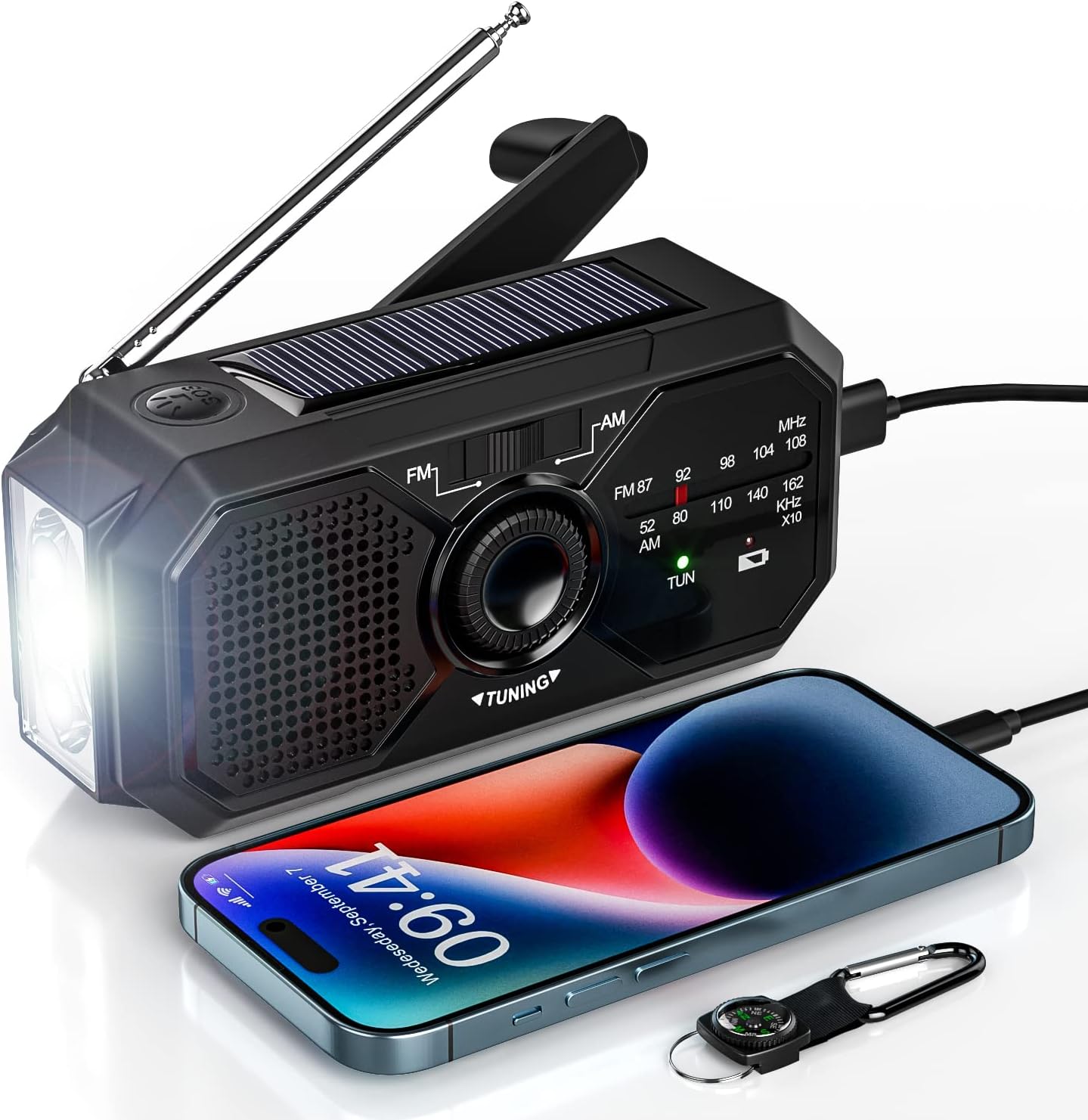 Przenośne radio solarne z korbką do przetrwania, radio AM/FM z dynamem, akumulator USB-C 2500 mAh z latarką LED, alarm SOS, kompas, małe radio do nagł