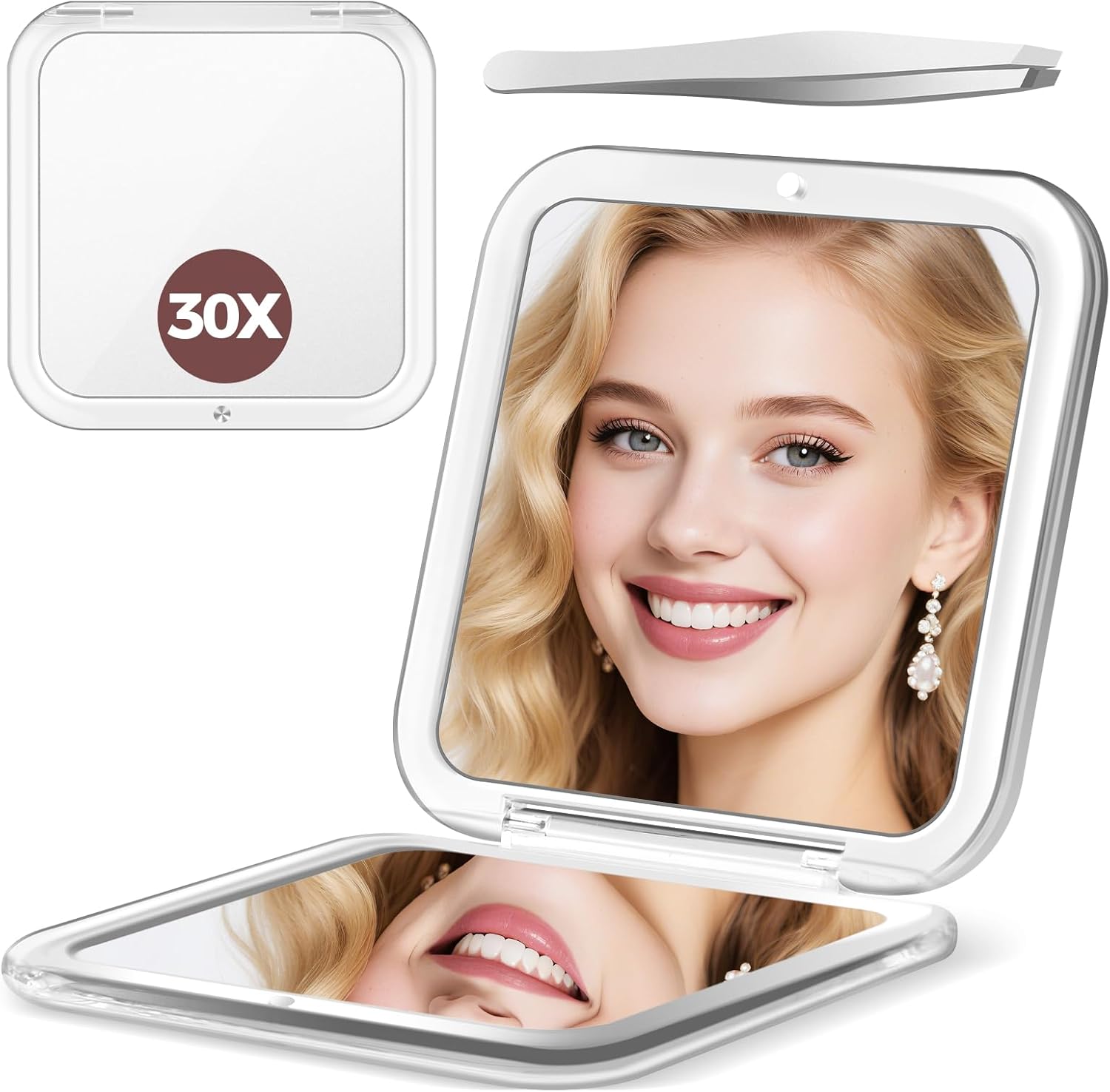 Lustro powiększające, 30-krotne lusterko do makijażu z powiększeniem, małe lusterko do makijażu 8,5 x 8,5 cm, składane lusterko podróżne, białe