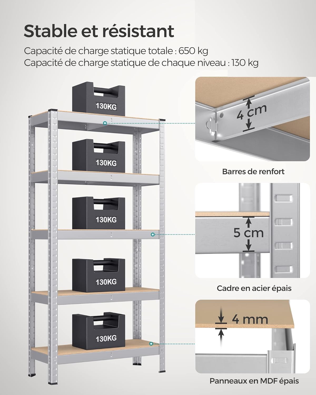 SONGMICS Étagère Charge Lourde à 5 Niveaux, Meuble de Rangement en Acier, pour Boîtes à Outils, Capacité 650 kg, 30 x 75 x 150 cm, Argent - 4