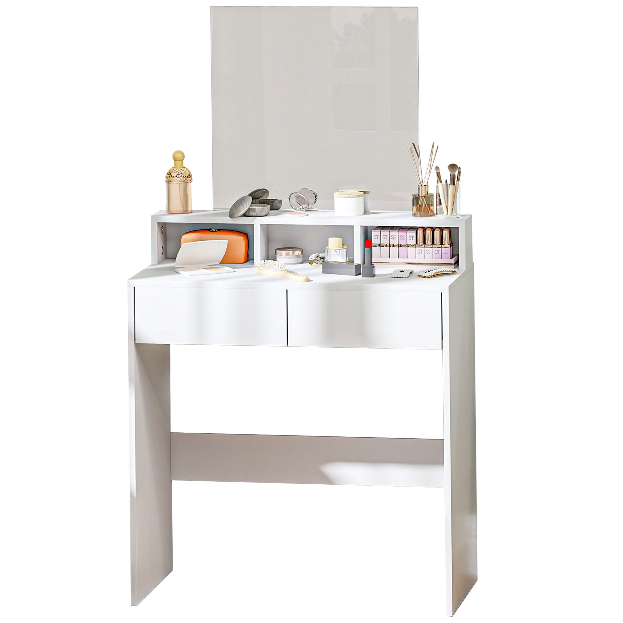 Coiffeuse Avec 2 Tiroirs - 75 Cm De Hauteur, Blanc, Meuble De Chambre Neuf