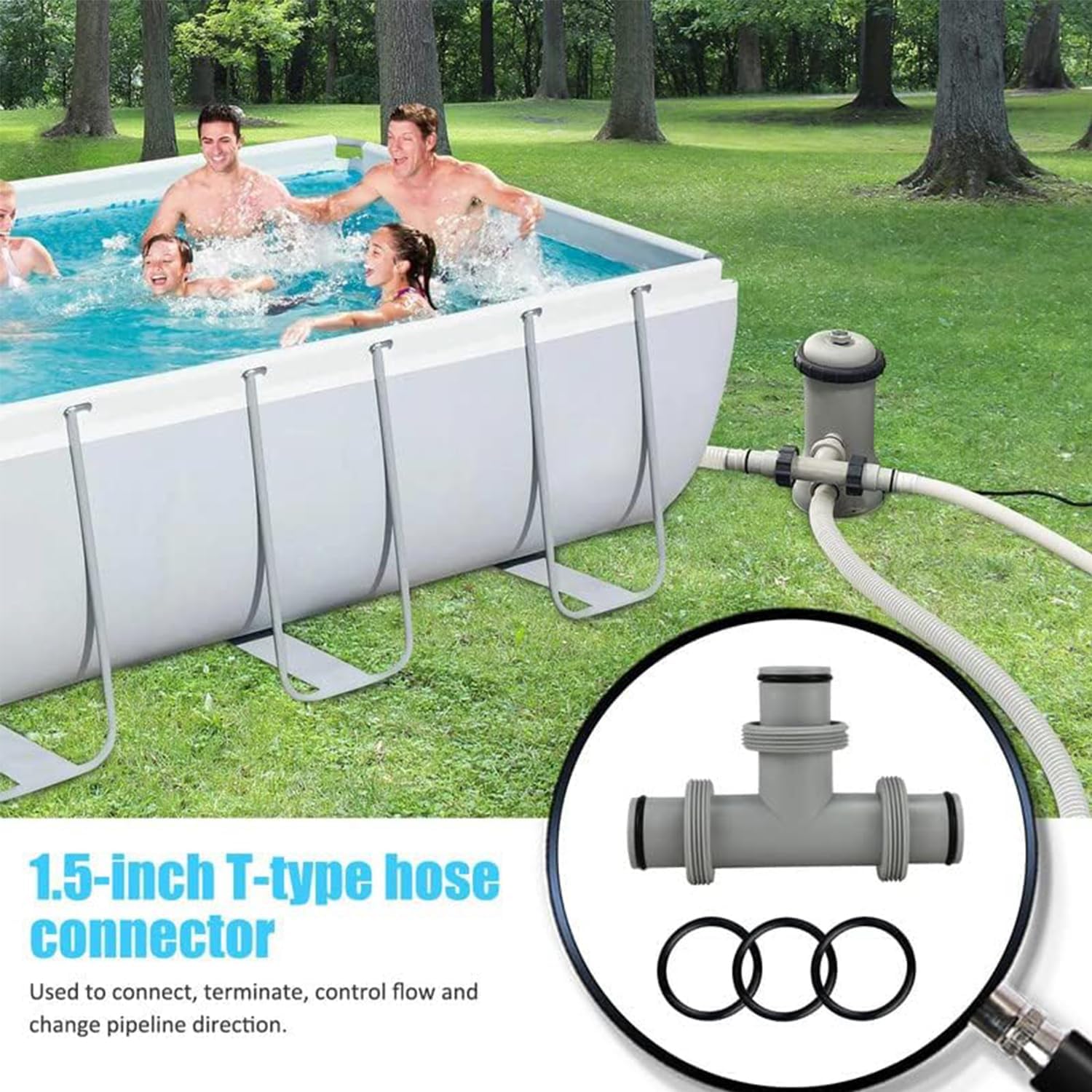 Connettore A T Per Tubo Piscina 38mm - Raccordo Per Pompa Intex, Coleman, Hayward, Con 3 Guarnizioni, 1,5 Pollici