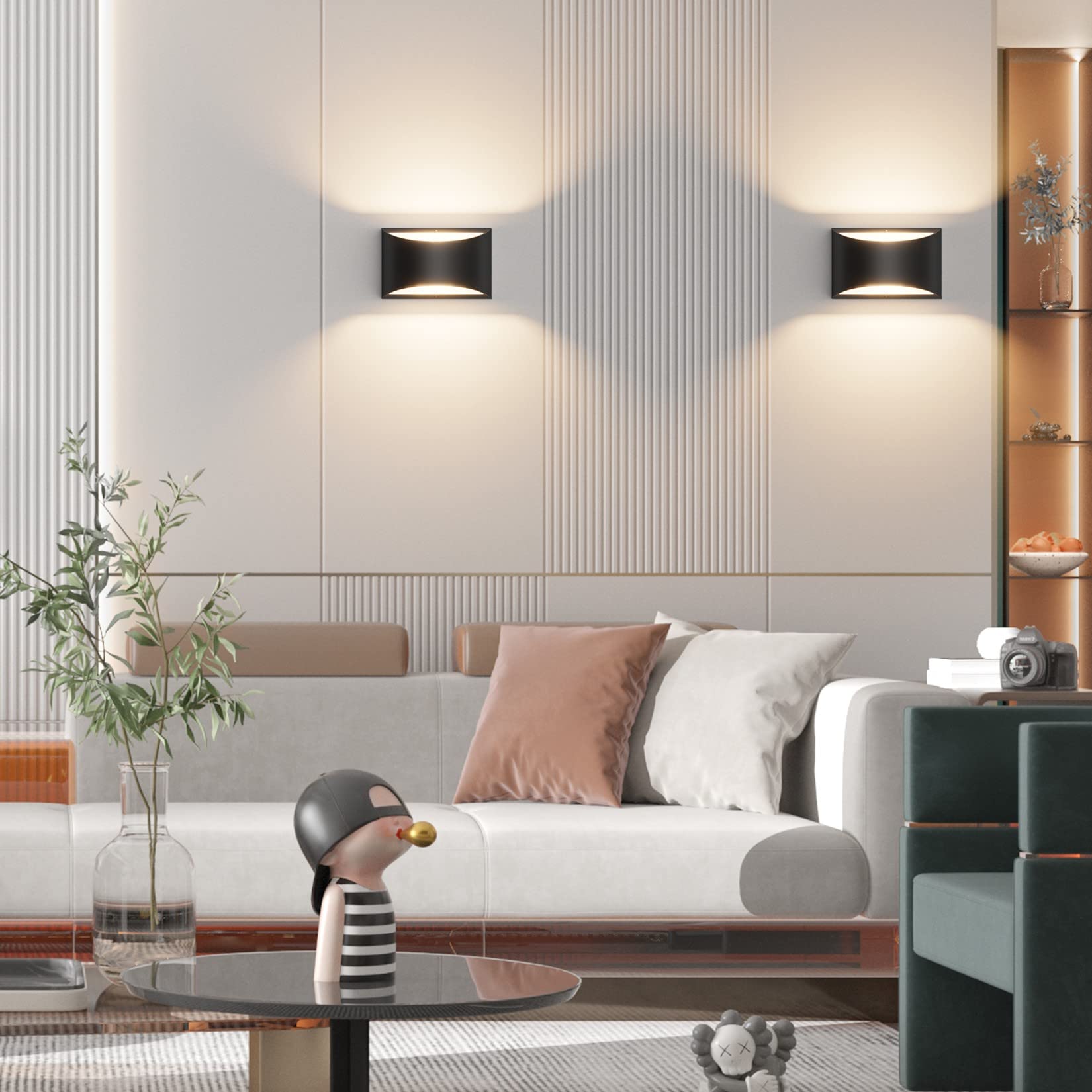 Lampada da parete moderna a LED, lampada da parete bianca calda 3000K, lampada da parete su e giù da 7 W, lampada da parete per interni, nera - 9