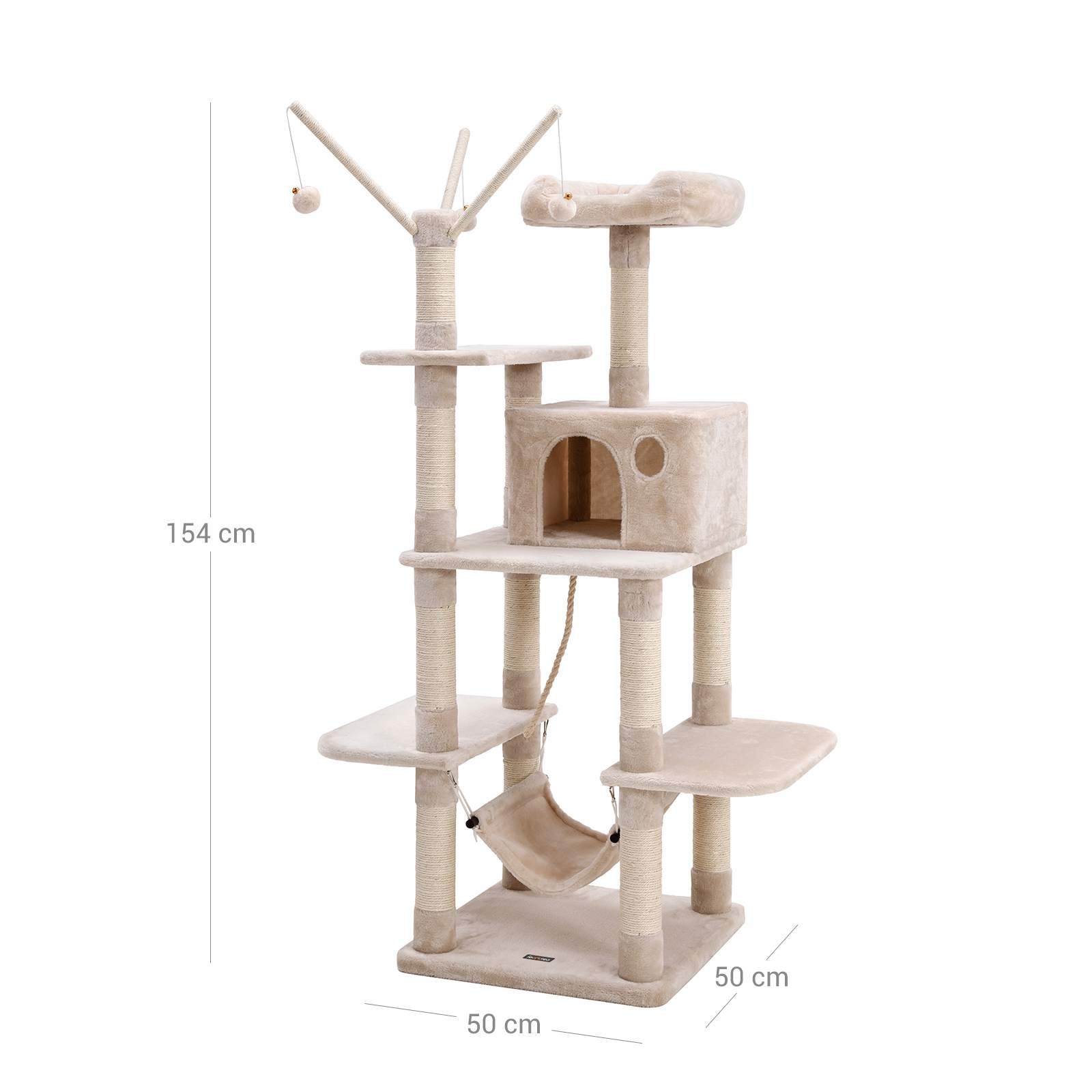 Árbol para gatos rascador con nidos, hamaca, plataformas y bolas de juego, altura de 154 cm, beige - 3