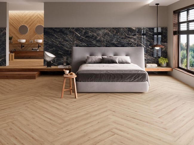 Carrelage sol / mur intérieur grès cérame effet bois pose chevron ...
