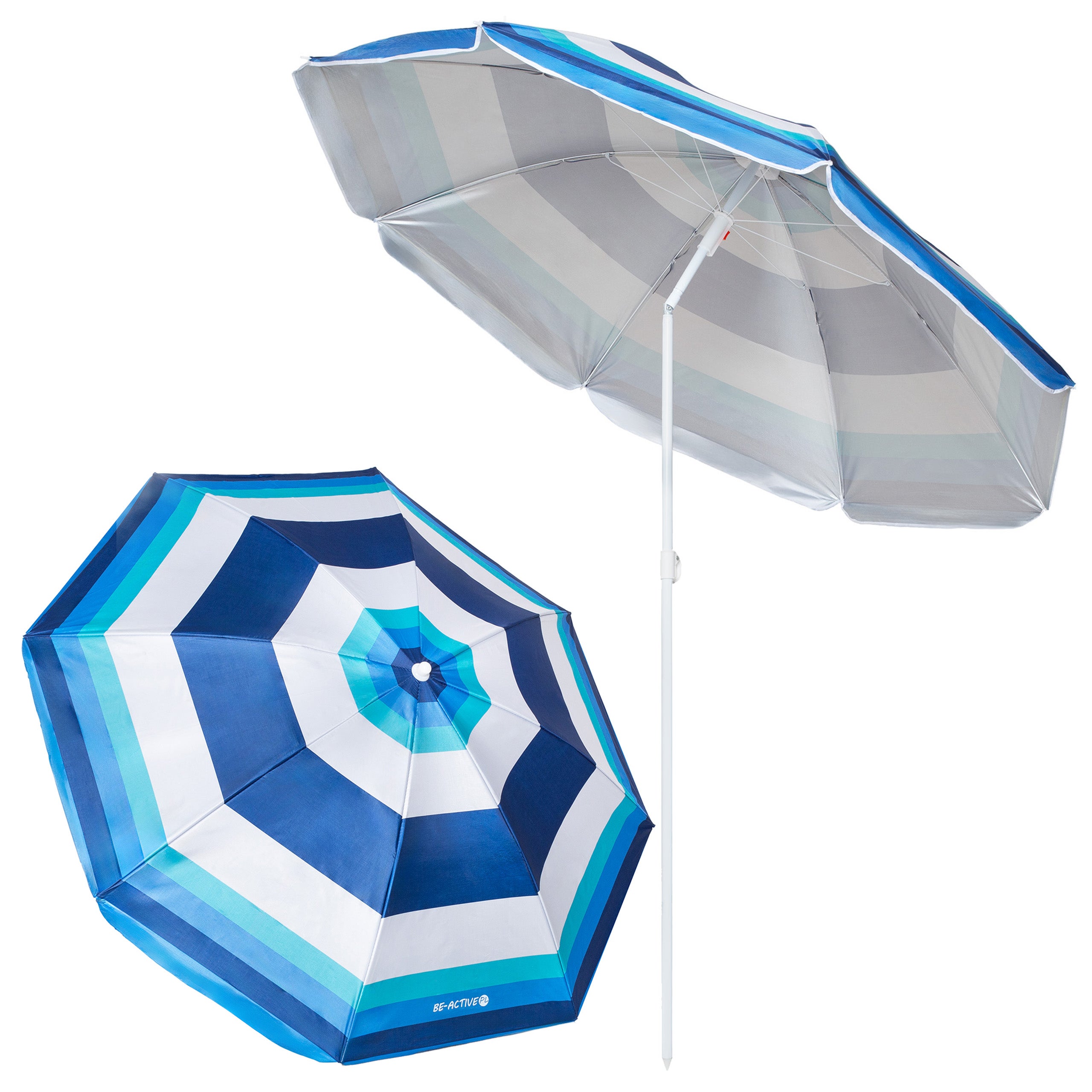 Parasol ogrodowy plażowy 180 cm, składany, regulowany na balkon biało-niebieskie paski + kotwa Be-active.pl