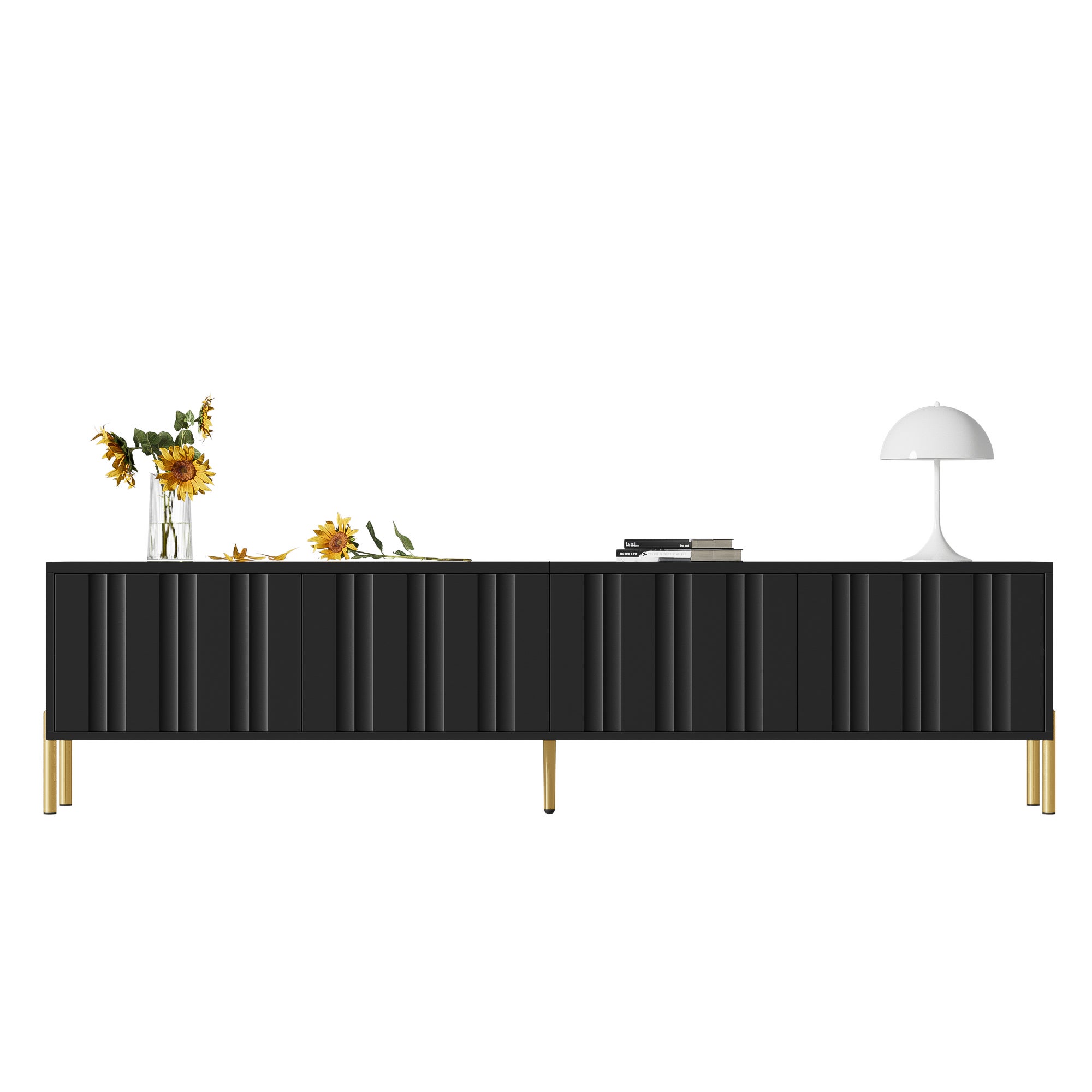 TV-Schrank 190cm czarny, 4 drzwi, regały, nogi złote, 15cm wysokość