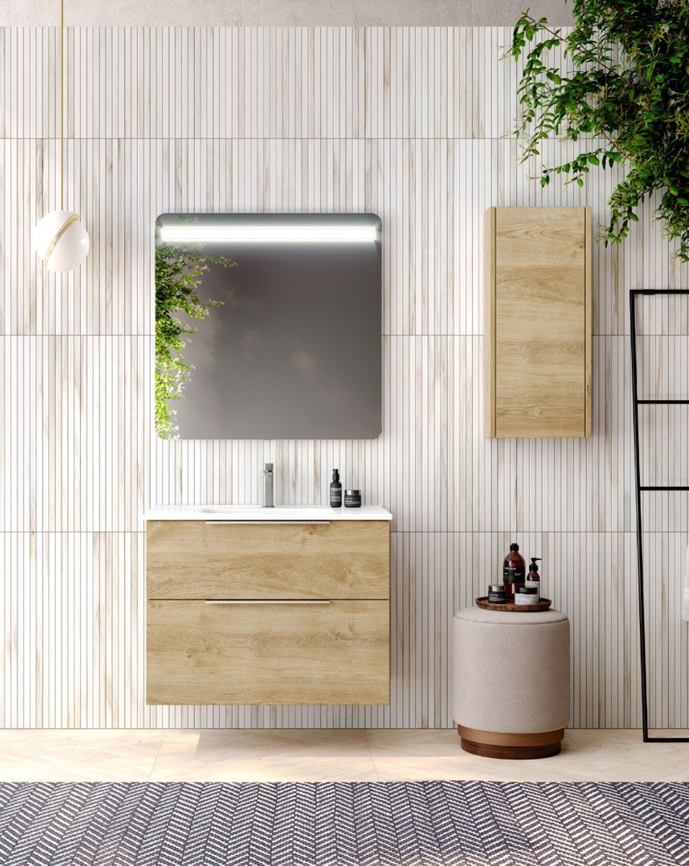 Mueble Tocador De Baño Independiente De Roble - Con Lavabo De Cerámica Y Encimera De Cuarzo Blanco, Modelo 502