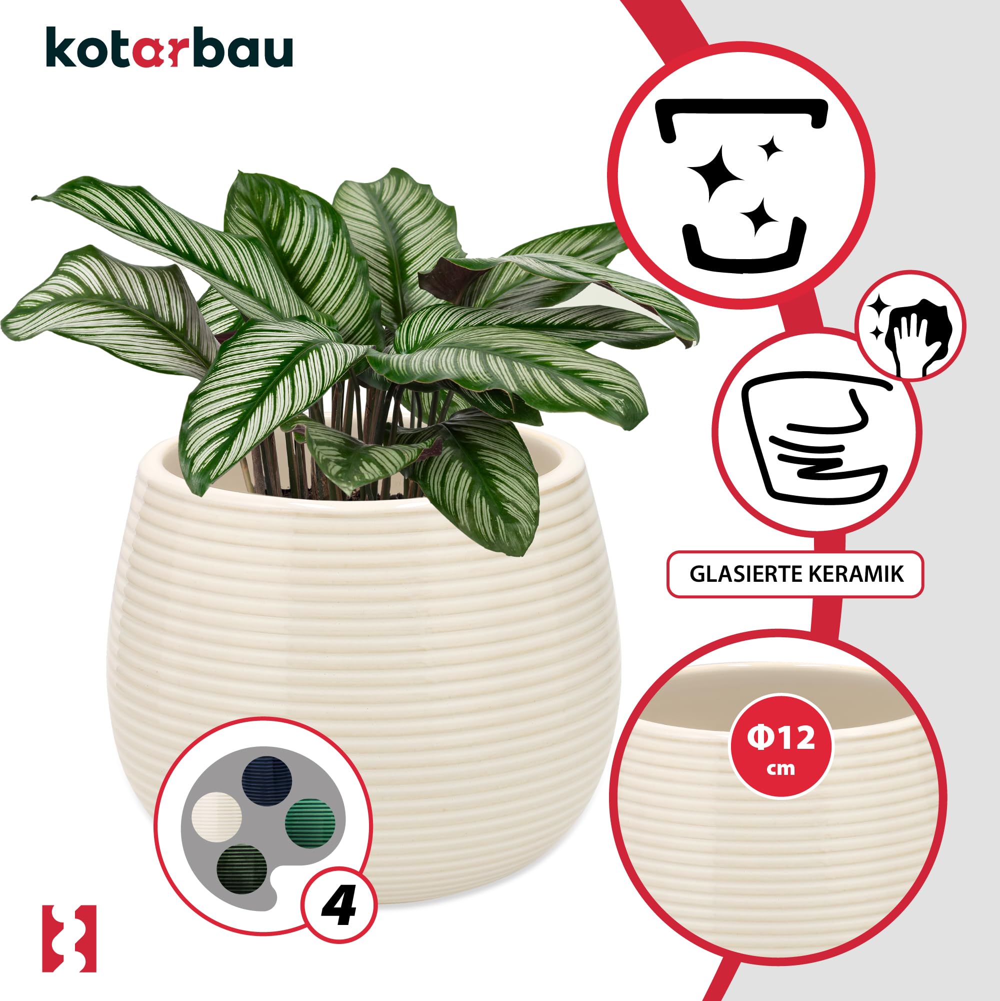 Doniczka ceramiczna okrągła ryflowana na kwiaty 12 cm zestaw 2 szt. - Kolor kremowy - KOTARBAU - 4