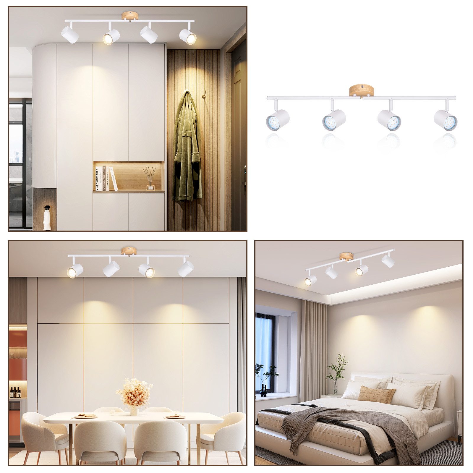 NETTLIFE Plafonnier LED 4 flamme - Blanc Plafonnier GU10 Spot pivotant Applique murale en bois Spot mural pour salon chambre Sans ampoule - 7