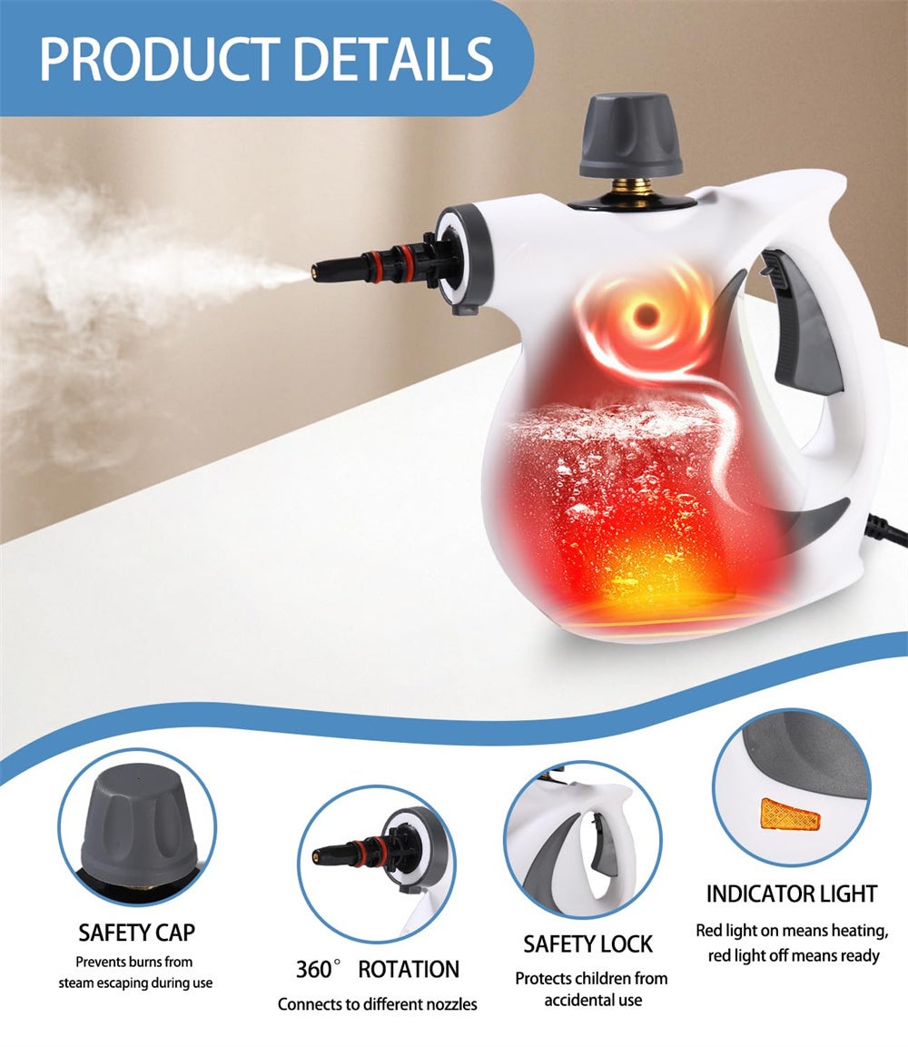 Nettoyeur vapeur multifonction avec 9 accessoires, nettoyeur vapeur à main à pression, idéal pour éliminer les taches, les poils d'animaux - 7