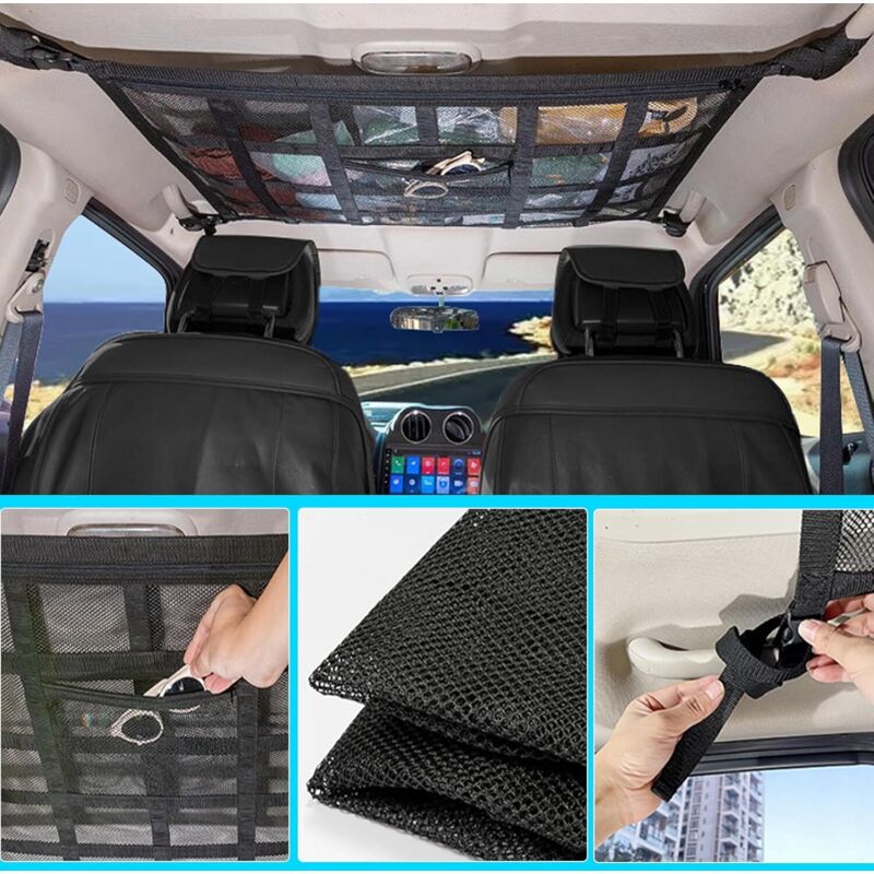 Filet de rangement de toit – Polyester noir 70 x 50 cm –Convient aux voitures et camionnettes - 3