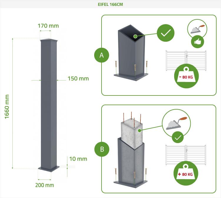 Poteau en aluminium EIFEL 15x15 pour hauteur 166cm - Gris - 2