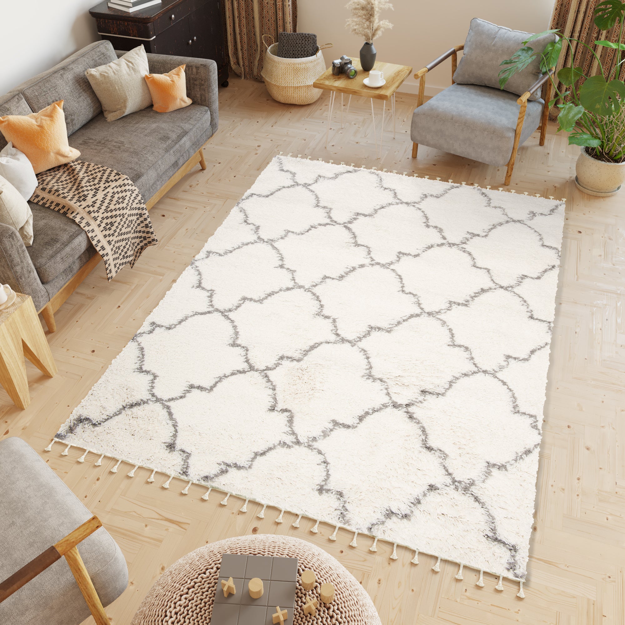 Tapiso boho alfombra salón dormitorio crema gris trébol marroquí borlas trenzas gorda shaggy 300 x 400 cm