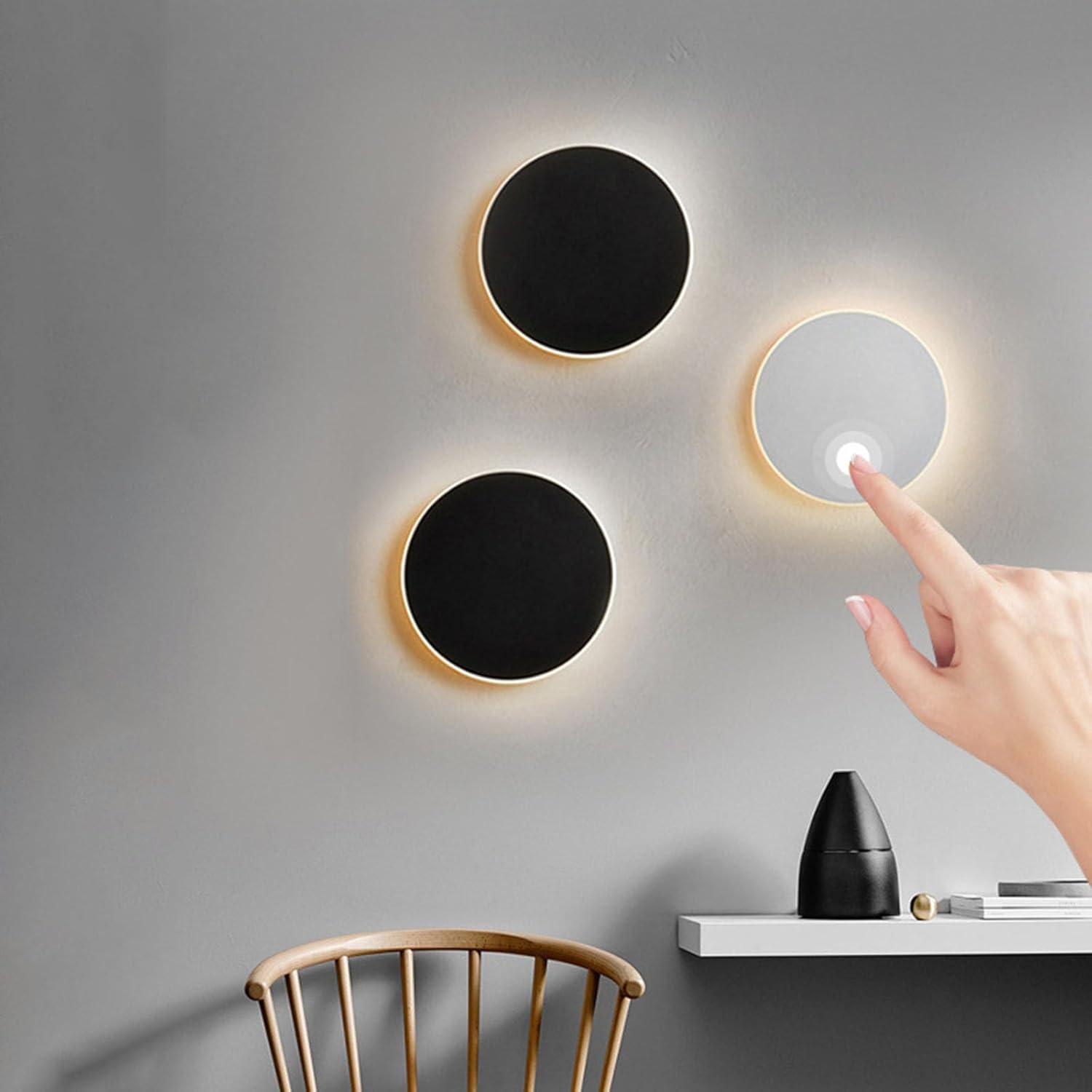 Nordycka, prosta, dotykowa, okrągła lampa ścienna LED 20 cm (czarna) ze zmianą koloru trójkolorową