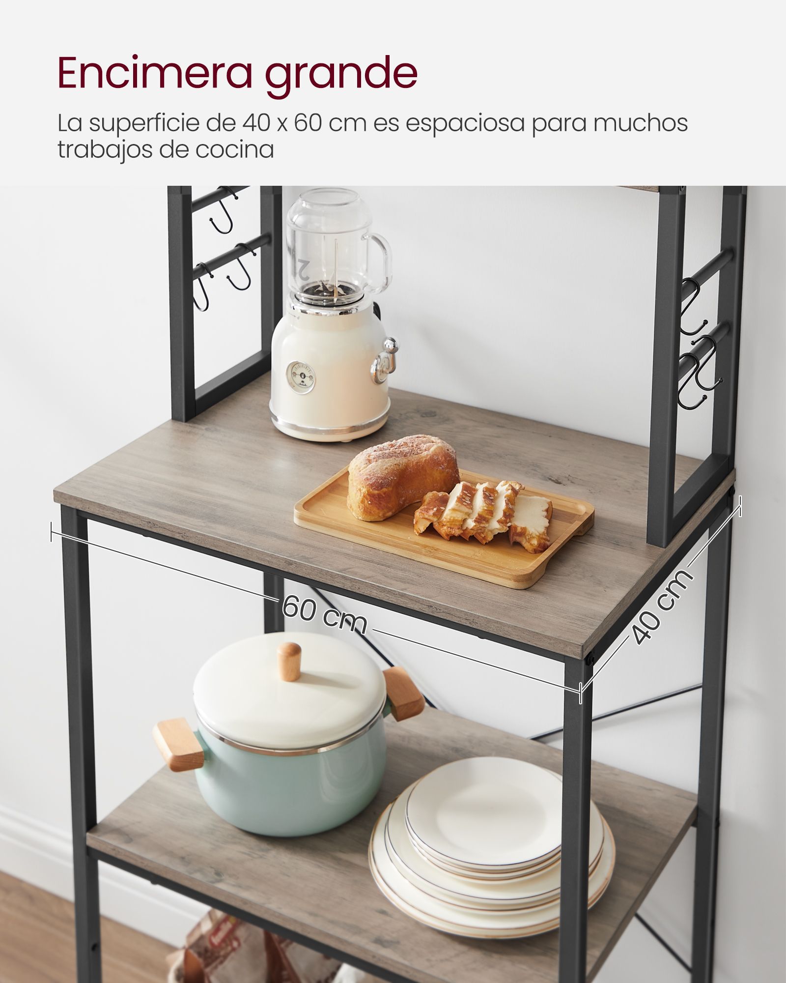 Étagère de Cuisine, 6 Étagères et 6 Crochets, pour Four à Micro-Ondes, Style Industriel, 40 x 60 x 167 cm, Gris et Noir - 7