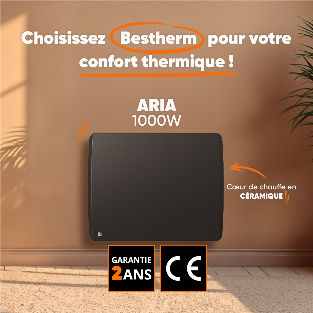 Radiateur électrique fixe à inertie sèche céramique 1000W Bestherm ARIA horizontal noir - 3
