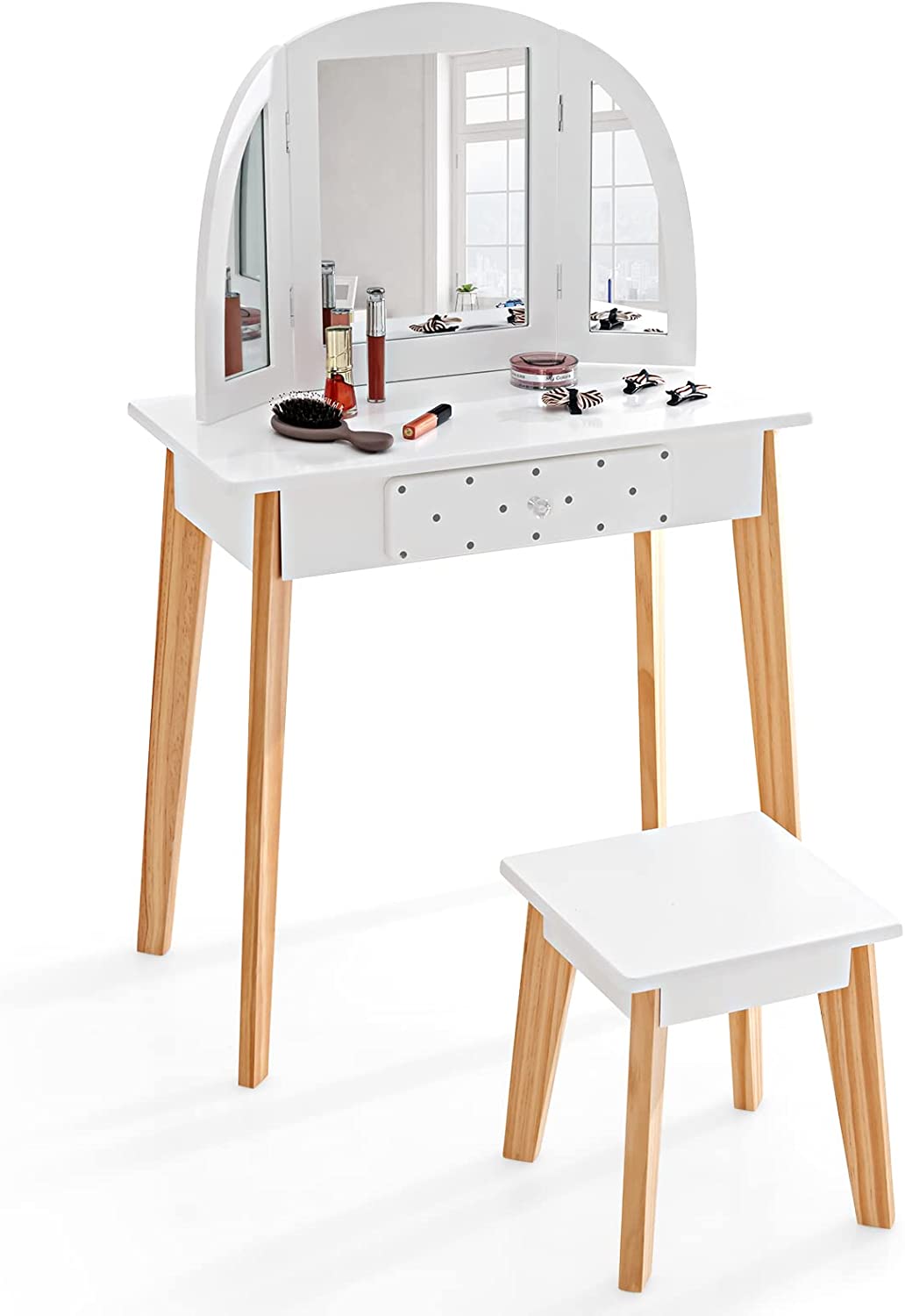 Coiffeuse et Tabouret pour Enfants DREAMADE 2 en 1 - Miroir Détachable - Motif Léopard Rose Coiffeuse et Tabouret pour Enfants DREAMADE 2 en 1 - Miroir Détachable - Motif Léopard Rose