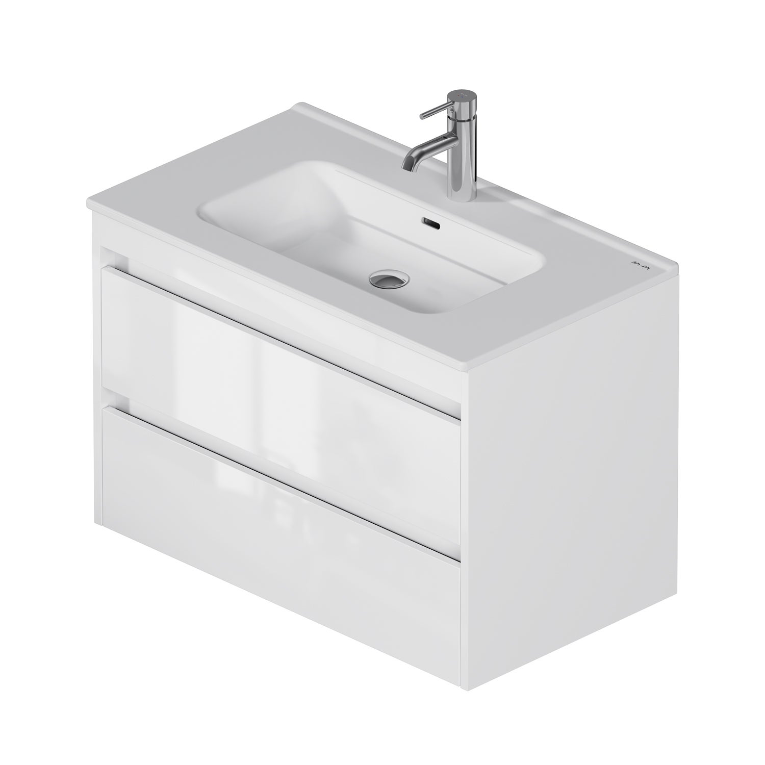 Meuble salle de bains suspendu 80 cm effet bois clair avec lavabo intégré, 2 tiroirs, design, Blanc Brillant – AM.PM - 2