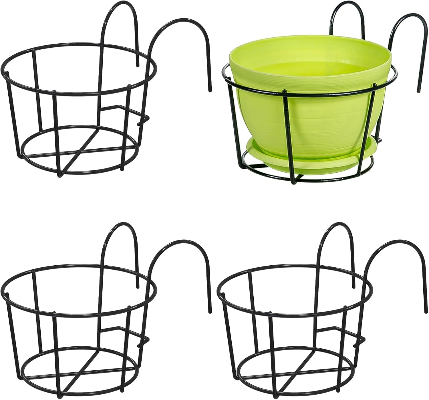 Zestaw 4 okrągłych metalowych wiszących doniczek na balkon i płot (czarne)