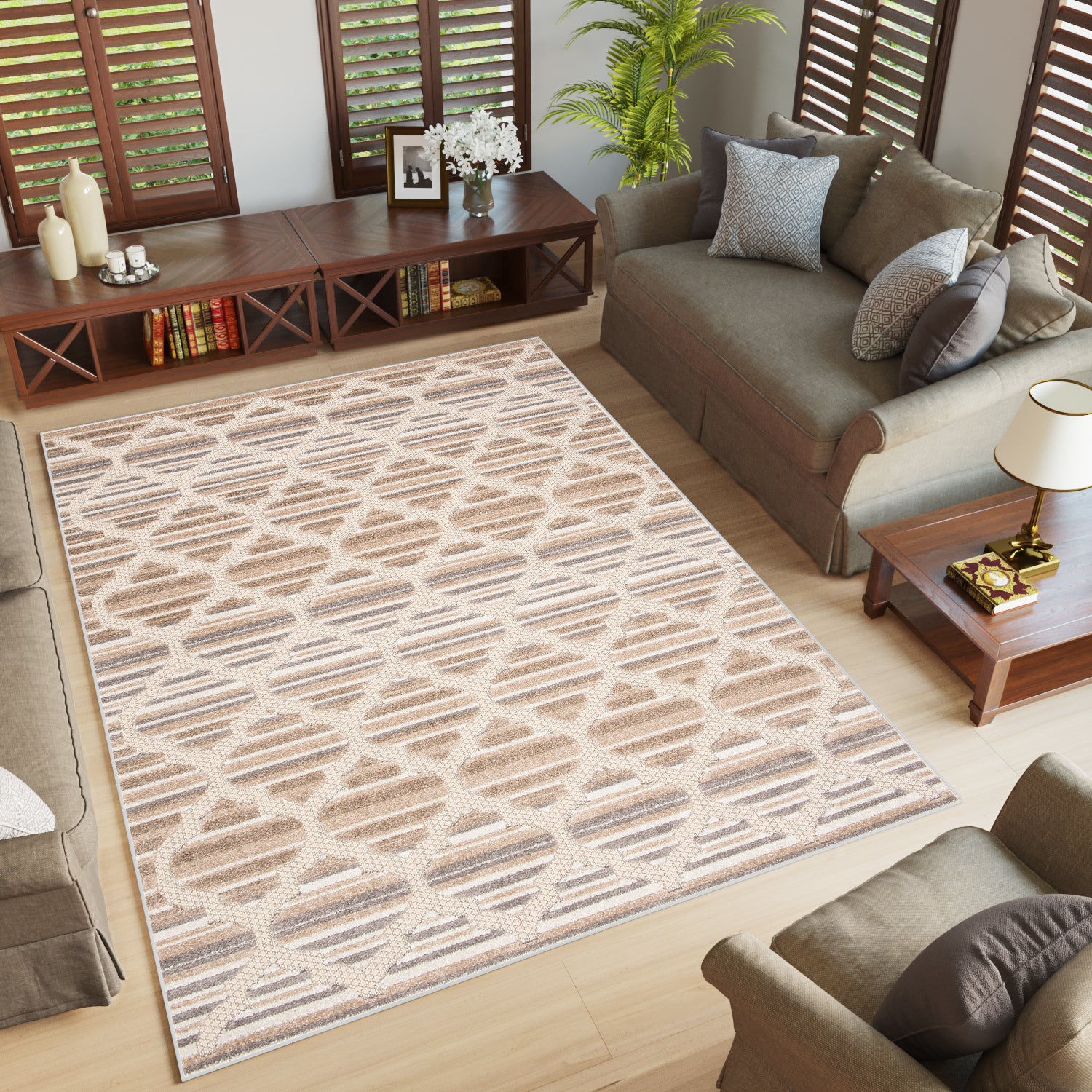 TAPISO Patio Alfombra Exterior Interior Habitación Cocina Terazza Balcón Efecto 3D Crema Gris Marrón Claro Marroquí Pelo Corto 120 x 170 cm - 6