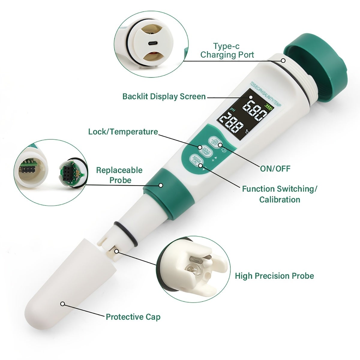 Stylo de test de qualité de l'eau multifonction 5 en 1, TDS, EC, pH, sel, température, résultats rapides, haute précision, testeur de qualité de l'eau - 7