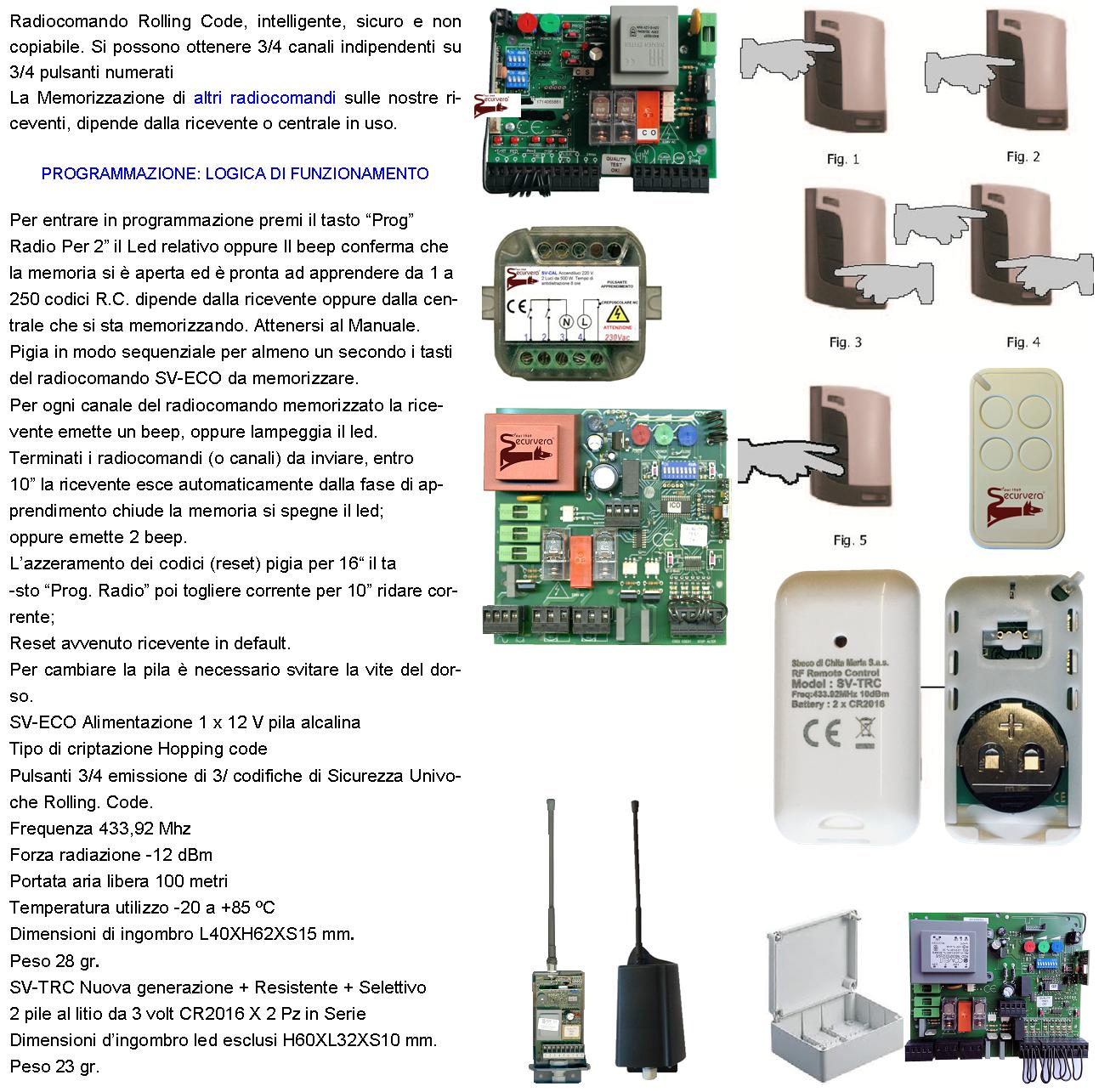 Radiocomando Cancello Automatico Cinque Pezzi Frequenza 433,92 MHz 3 Canali Numerati Potenza 1 mW Portata Libera 60/100 MT Codice Sicurezza Securvera - 3