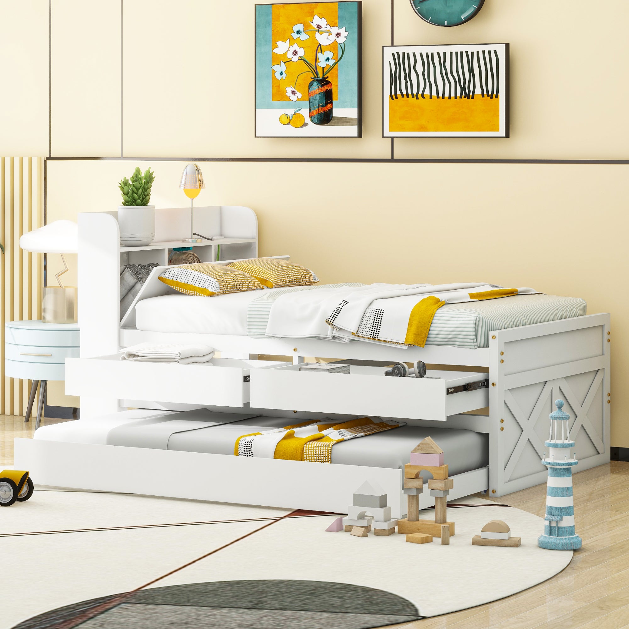 Łóżko piętrowe z litego drewna - 90x190cm - z 2 szufladami i portem USB na półce - Białe - 5