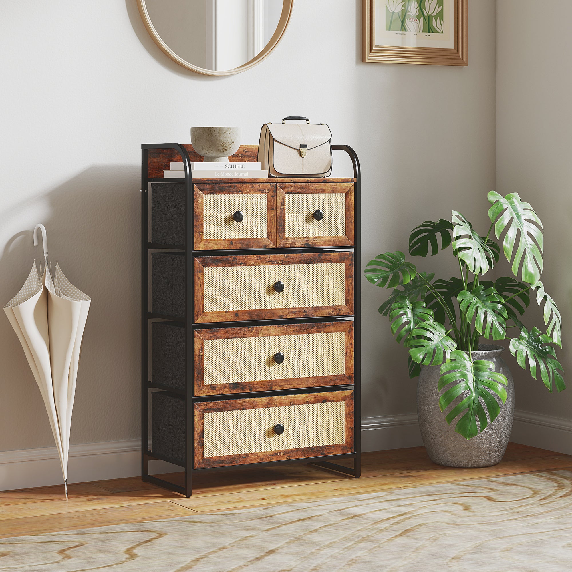 Commode En Tissu HOMCOM 5 Tiroirs Rotin Acier - Meuble Rangement Salon 58x29x99 Cm Marron Rustique