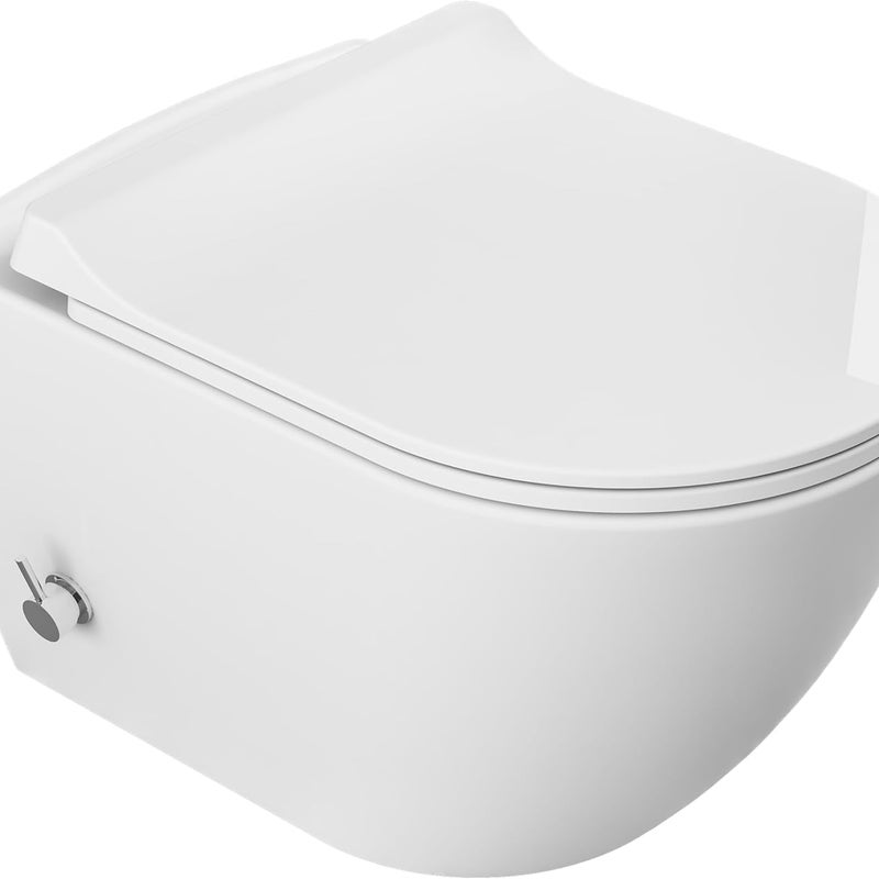 Miska WC z funkcją bidetu 51x36x32,5 cm, bezkołnierzowa Rimless, z baterią na ciepłą i zimną wodę, deska duroplast Slim Soft Close, biała