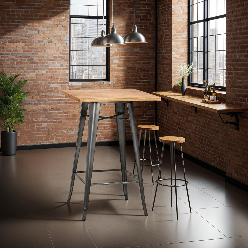Table De Bar Carrée 60x60x92 Cm - Style Industriel Marron Rustique | Pour Petit Espace, Salon Ou Cuisine