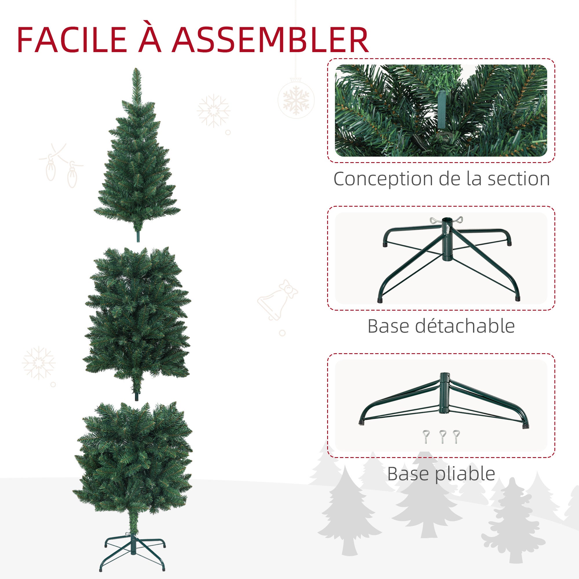 Sapin de Noël Artificiel 180 cm Arbre de Noël Slim avec support en acier pliable,479 branches épines Vert - 8