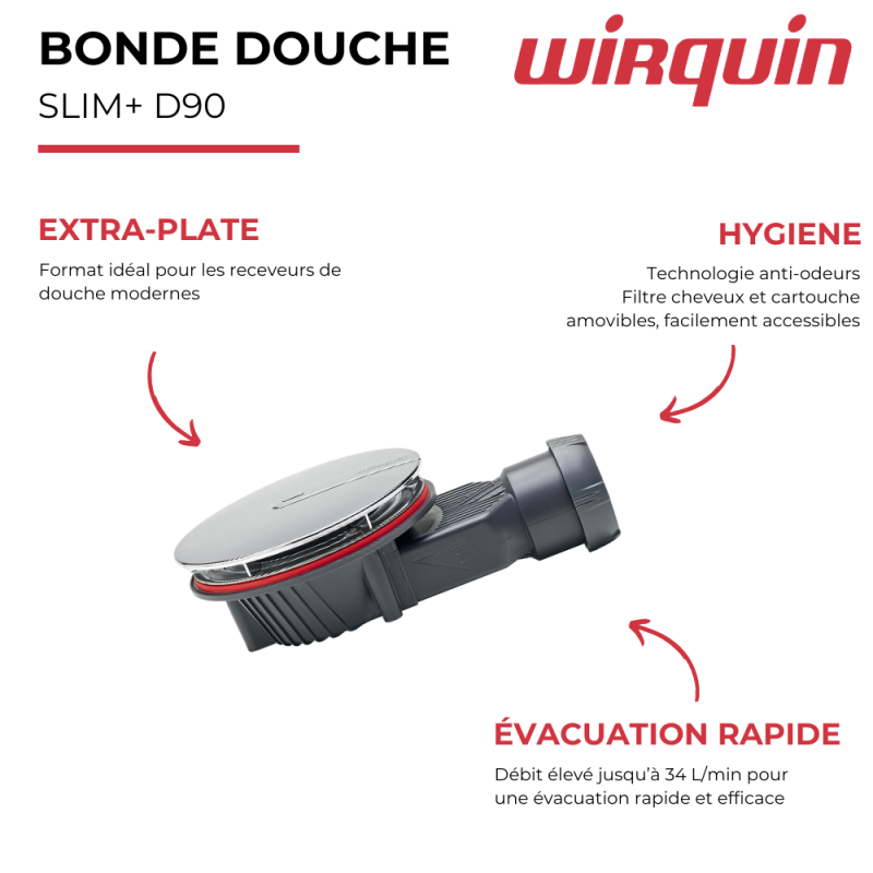Bonde de douche extra-plate WIRQUIN Slim+ D90 dôme ABS chromé - 3